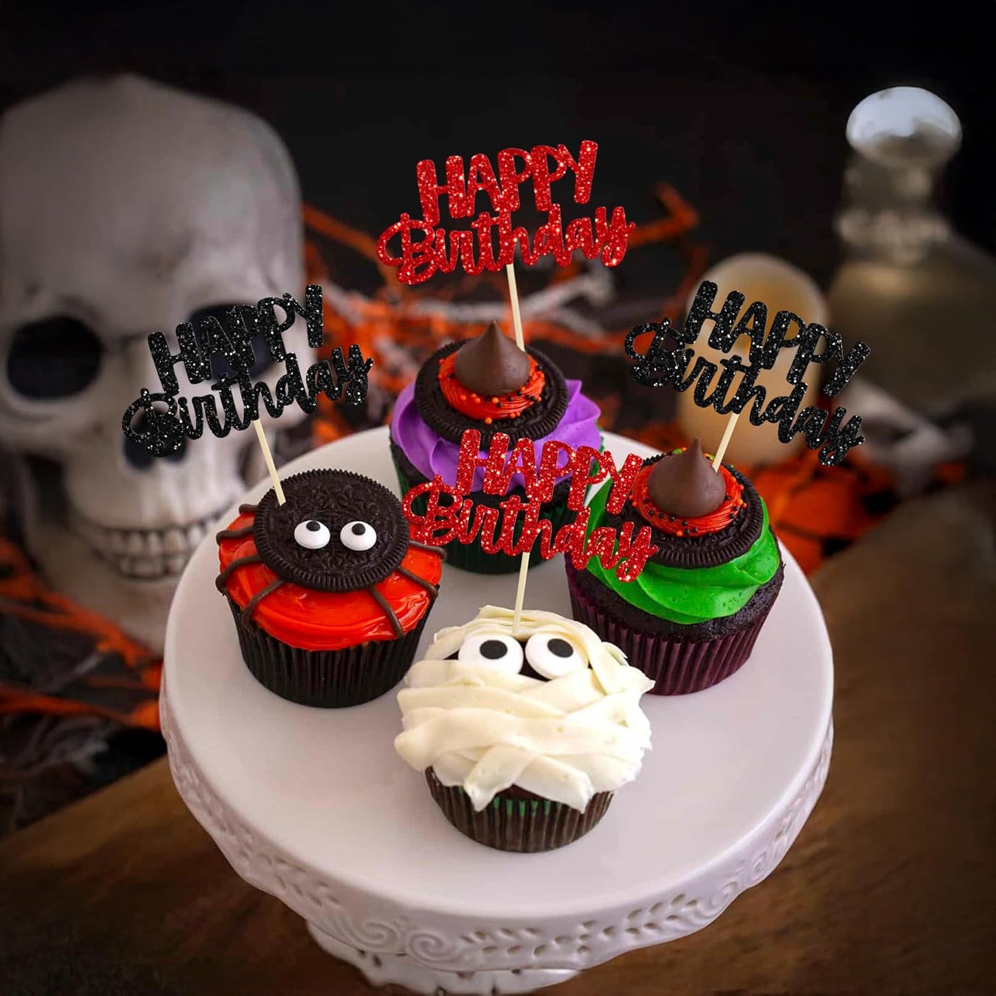 Gyufise 24Pcs Happy Birthday Cupcake Toppers Glitter Birthday Cupcake Food Picks for Celebrating Happy Halloween Theme Party Cake Decorations Supplies Black Red