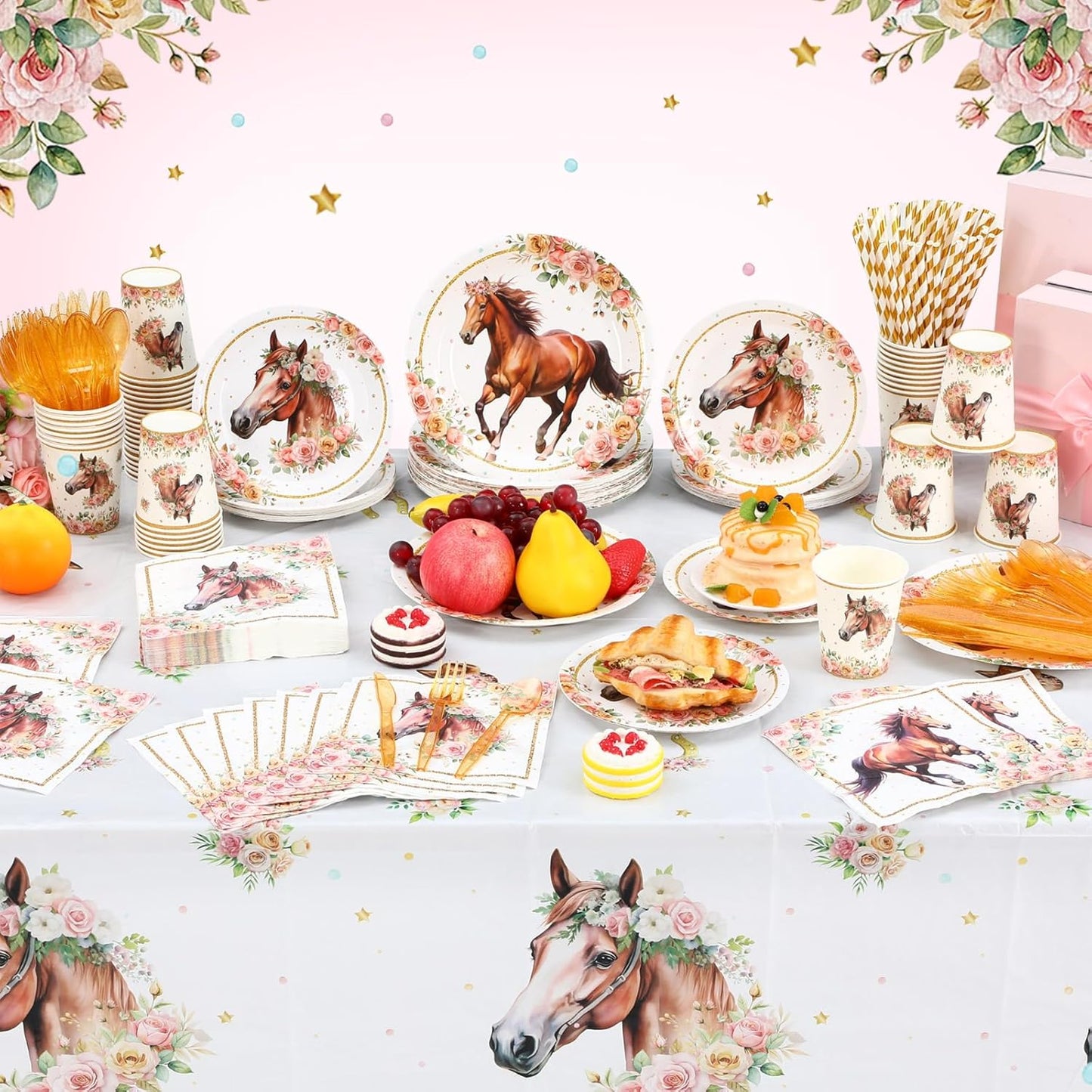 452 Pcs Horse Birthday Decorations for 50 Guests, Pink Floral Cowgirl Paper Plates Napkins Cups Tablecloth Cutlery Straws for Horse Themed Western Wedding Baby Shower Party Supplies