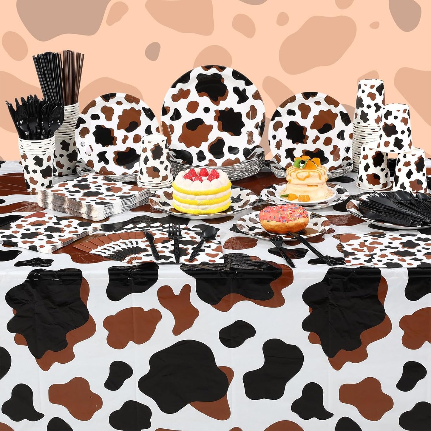 452 Pcs Cow Print Party Decorations Supplies Include Brown Cow Print Paper Plates Napkins Cups Tablecloth Cutlery Straws for Western Rodeo Birthday Baby Shower Farm Animal Party Decorations