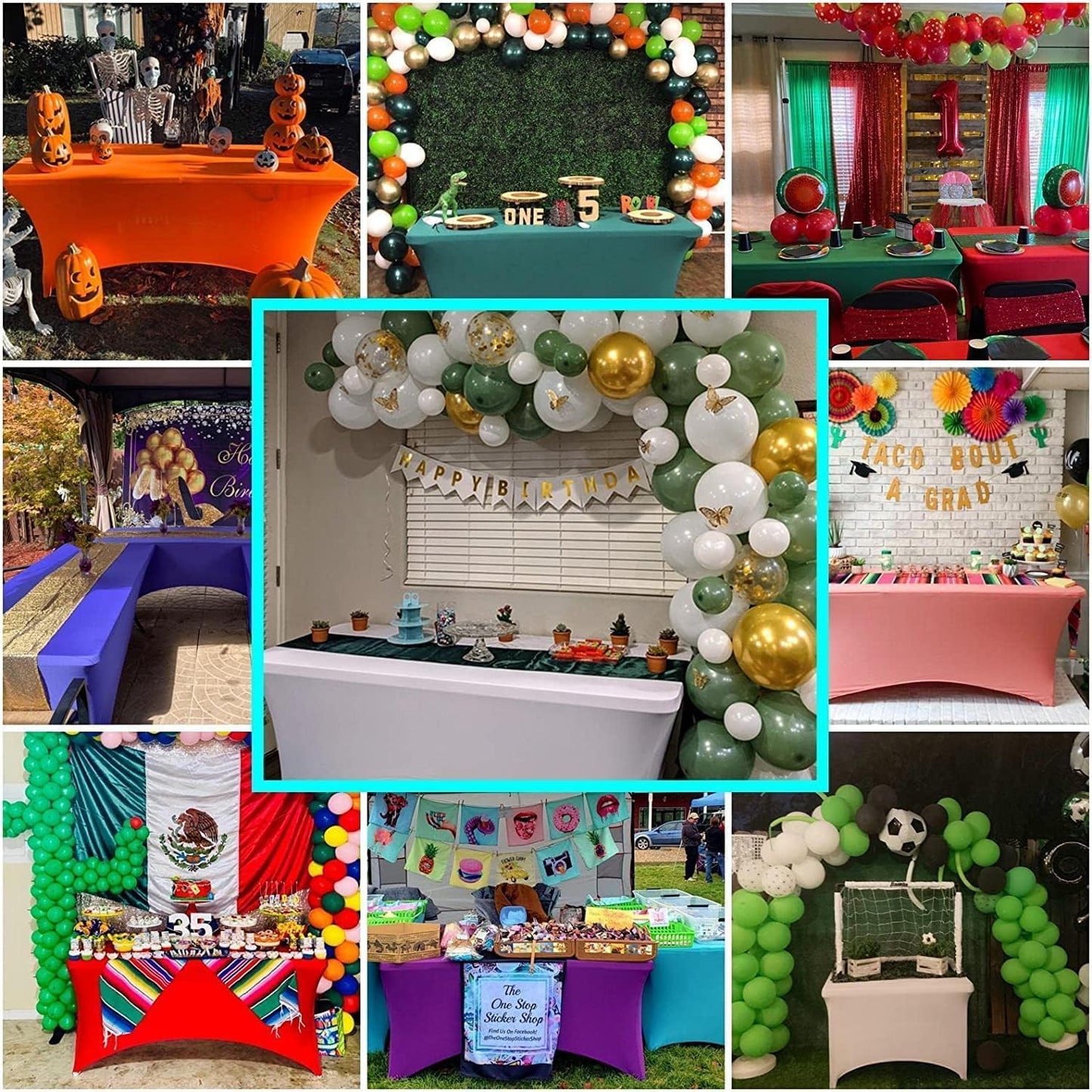 IVAPUPU 2 Pack 8FT Table Cloth for Rectangular Fitted Events Stretch Emerald Green Table Covers Washable Cover Spandex Tablecloth Protector for Party, Wedding, Cocktail, Banquet, Festival