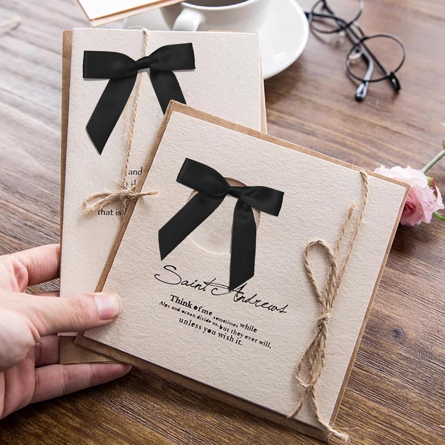 50Pcs Black Twist Tie Bows for Gift Wrapping 2.5" Satin Ribbon Bow for Treat Bags Cake Balloons Birthday Party Favors Wedding Decorations