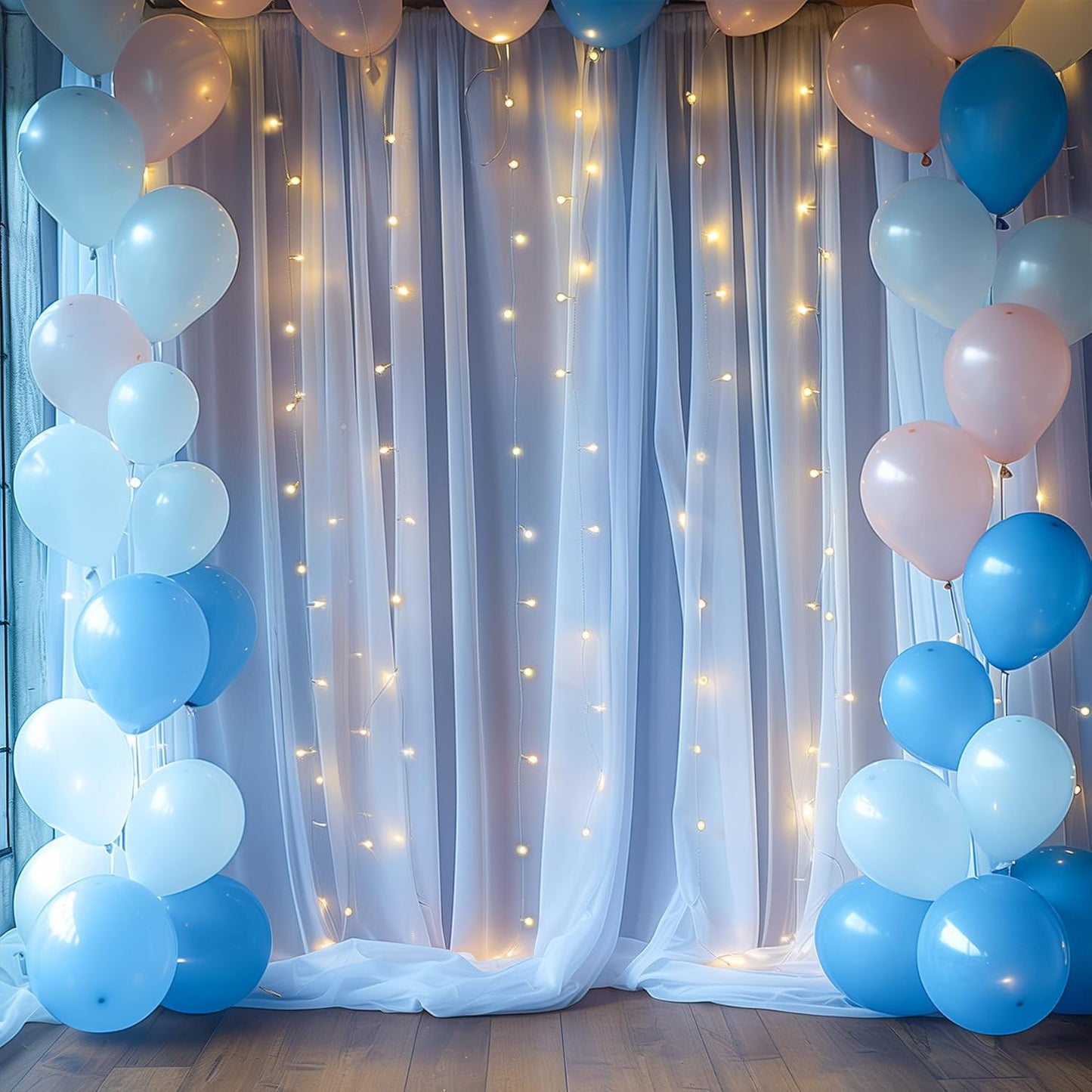 30×10ft Blue Tulle Backdrop Curtain with Lights String for Parties, Sheer Photo Backdrop Curtains for Wedding Party Photography Background