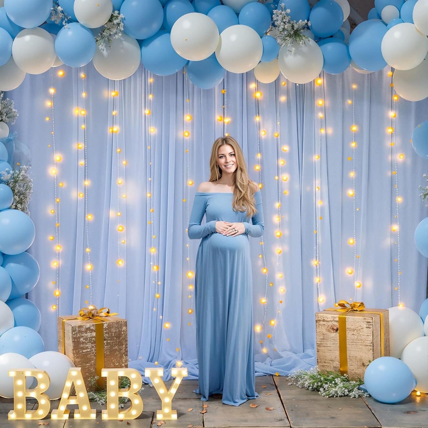 10ft x 7ft Baby Blue Chiffon Backdrop Curtain with Lights String for Parites Wedding Light Blue Curtain Photo Backdrop Drapes for Baby Shower Birthday Party Home Decorations