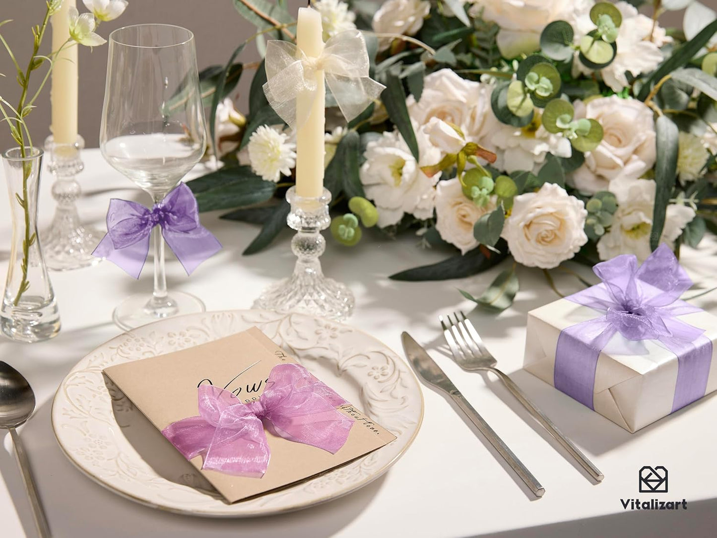 Vitalizart Organza Ribbon 1.5" x 30 Yd Lavender Purple & Cream White Sheer Ribbons for Gift Wrapping Crafts Christmas Wreaths Bows Party Decor Wedding Bouquet