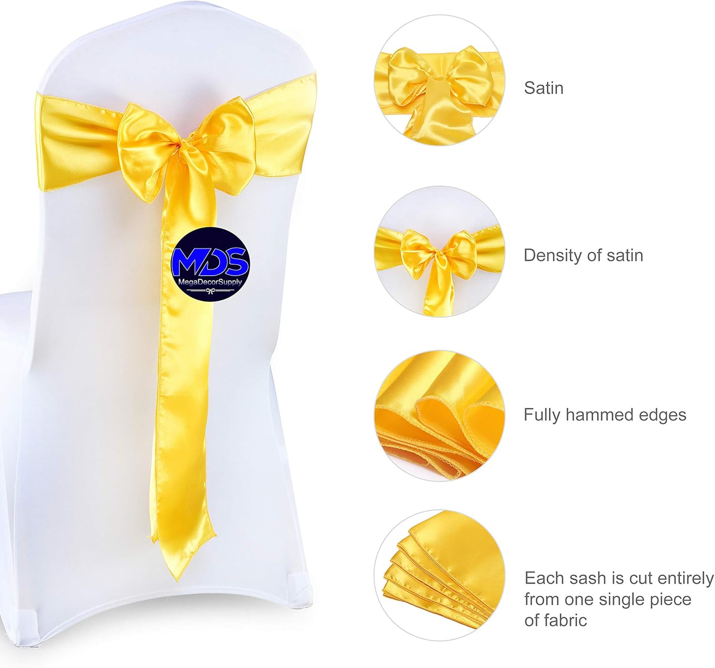 MDS Pack of 150 PCS Satin Chair Sashes Charmeuse Sateen Dining Chair Bows Ribbon Ties Back Sash for Wedding Party Birthday Home Hotel Restaurant Banquet Decoration (7 x 108 Inch, Yellow Gold)