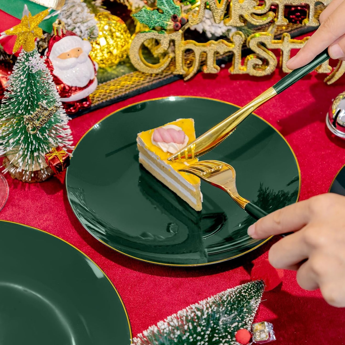 Liacere 150PCS Green Plastic Plates - Gold Plastic Silverware with Green Handle - Heavy Duty Fancy Plastic Plates Disposable Include 30 Guests Plates, Forks, Spoons, Knives for wedding&Christmas