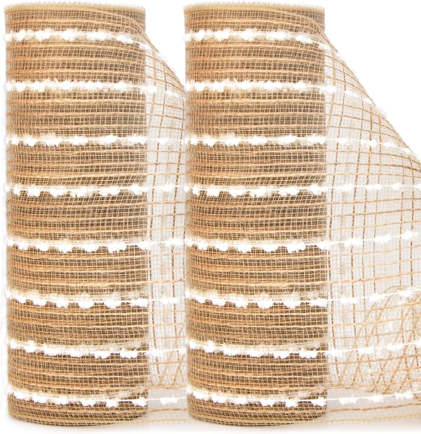 Ribbli Christmas Tree Ribbon Garland-2 Rolls Snowball Natural Burlap Mesh,10 inch x 30 feet(10Yard), Christmas Ribbon for Wreath Swags and Tree