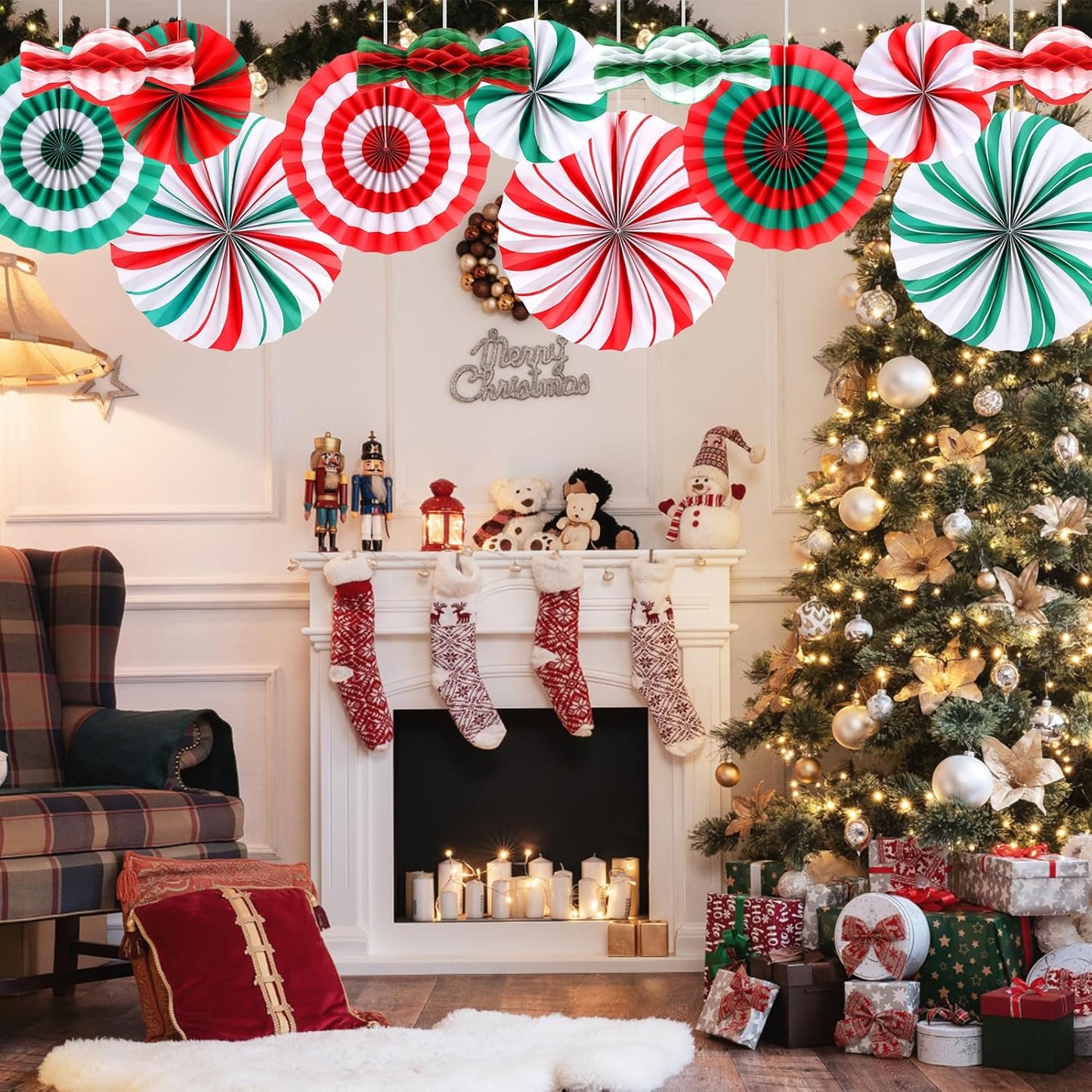 12 PCS Candy Hanging Paper Fans Christmas Candy Decorations Red Green White Christmas Party Decorations Christmas Party Decorations Christmas Wall Decorations Hanging Christmas Decorations