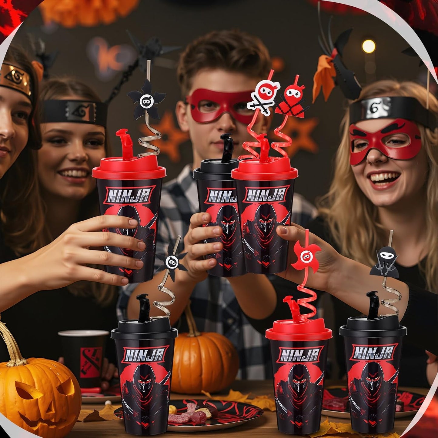 Yungyan 16 Sets Ninja Party Favors Goodie Cups with Lids and Straws for Birthday Decorations Reusable 16oz Plastic Candy Cups Plastic Straws for Birthday Party (Ninja)