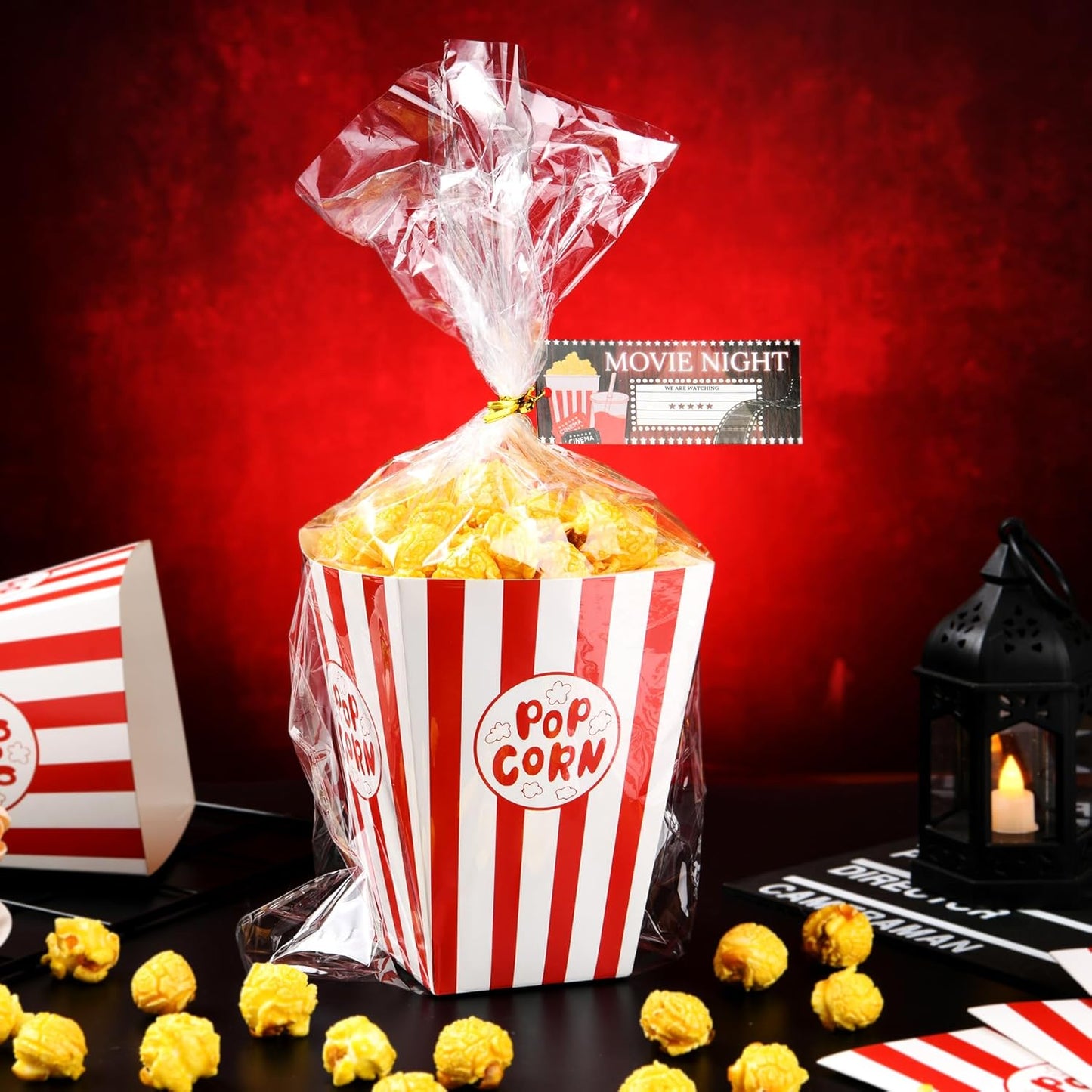 24set Movie Night Party Favors include Paper Popcorn Box Cellophane Bags and Ticket for Movie Theme Birthday Wedding Party Supplies