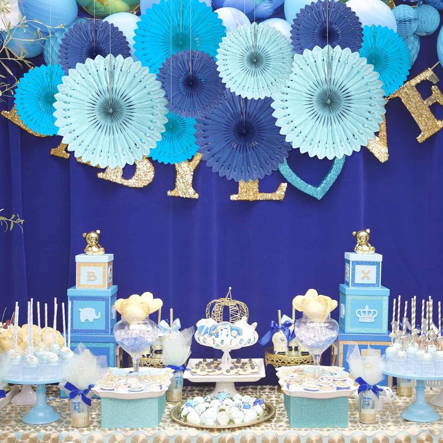 18 Pcs Blue Set Hanging Paper Fan, Hanging Honeycomb Round Paper Fans for Weddings, Birthdays, Baby Showers, Classroom, Events Ceiling Party Supplies Decorations