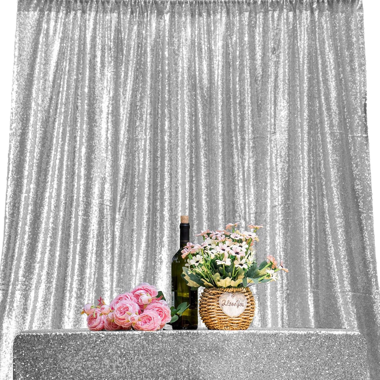 Silver Sequin Backdrop Curtains 8FTx8FT 1 Sequin Backdrop Curtains Panel Sparkly Background Drapes Glitter Photo Background for Wedding Baby Shower Stage Decorations