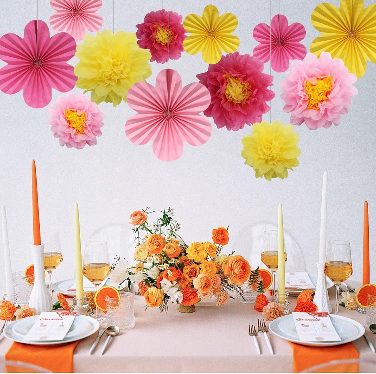 BestoFun 12PCS Paper Flowers Fans Hot Pink Yellow Party Decorations Tissue Paper Flowers Decorations for Girl Groovy Birthday Baby Shower Wedding Bachelorette Room Wall Hanging Décor