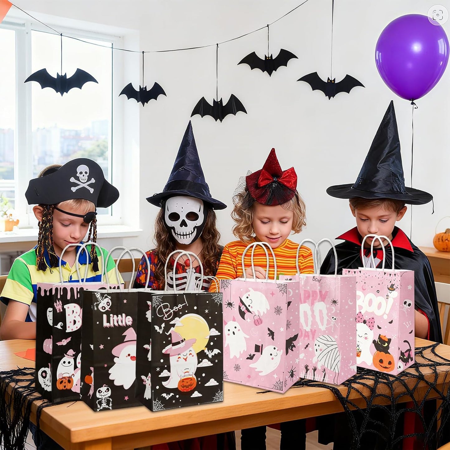 24 Pcs Halloween Paper Gift Bags, 6 Styles Halloween Goodie Bags with Handles, Halloweens Treat Bag Party Favors Bag Holiday Trick or Treat Party Supplies