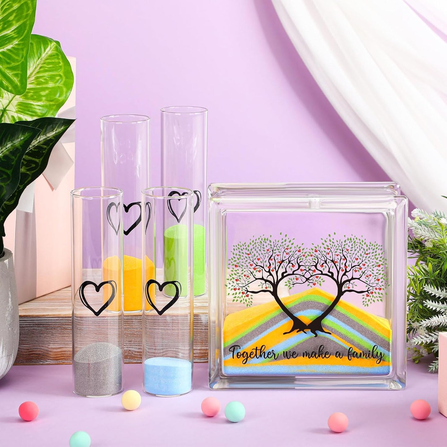 Wedding Unity Sand Set Include Vases Square Glass Jar Container 12 oz Sand for Blended Family Engagement Anniversary Bridal Party Outdoor Beach Decor(Classic Colors,Tree)