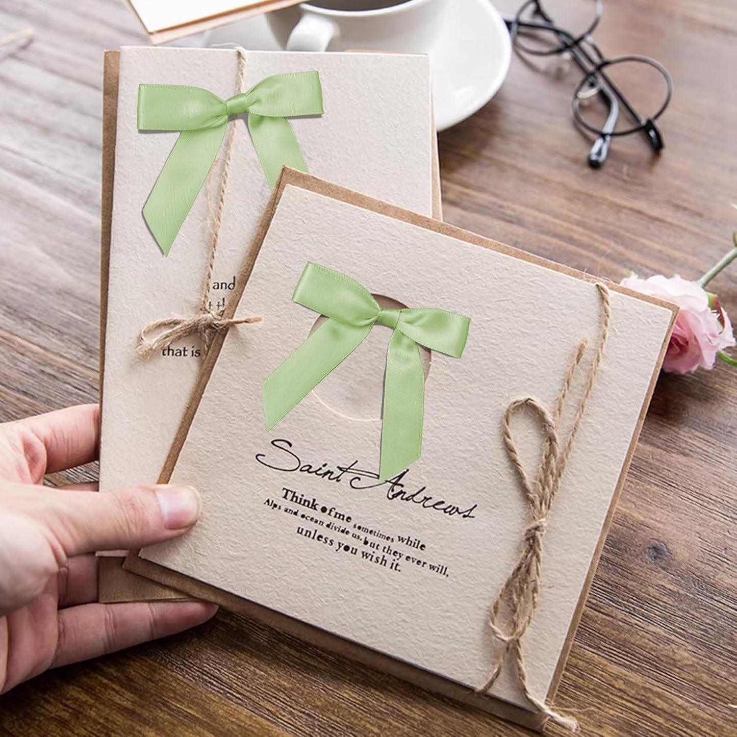 50Pcs Olive Green Twist Tie Bows for Gift Wrapping 2.5" Satin Ribbon Bow for Treat Bags Cake Balloons Birthday Party Favors Wedding Decorations