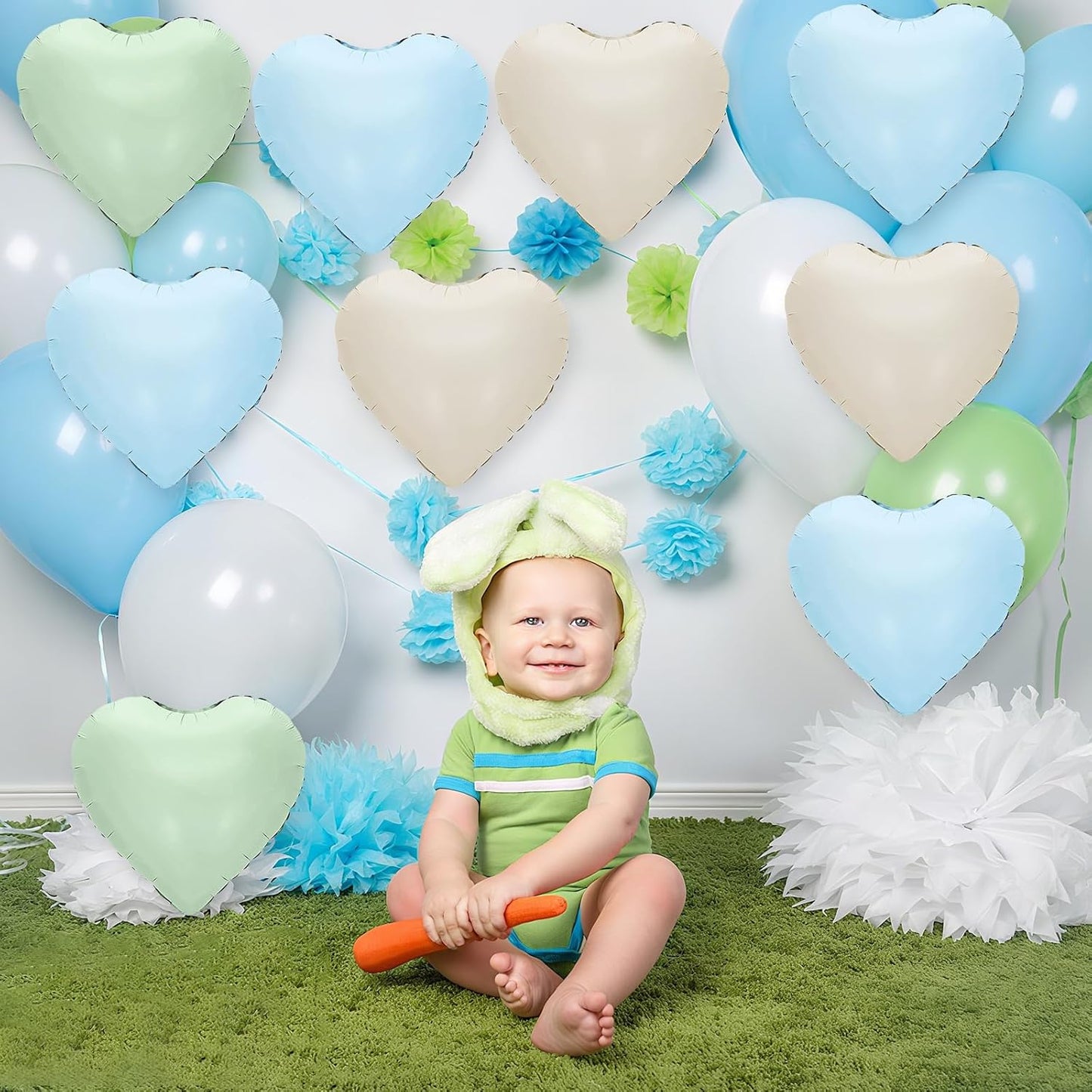 Blue Green White Heart Balloons,12Pcs 18Inch Cream White Baby Blue Sage Green Heart Shaped Foil Helium Balloons for Baby Shower Birthday Anniversary Wedding Engagement Party Decorations