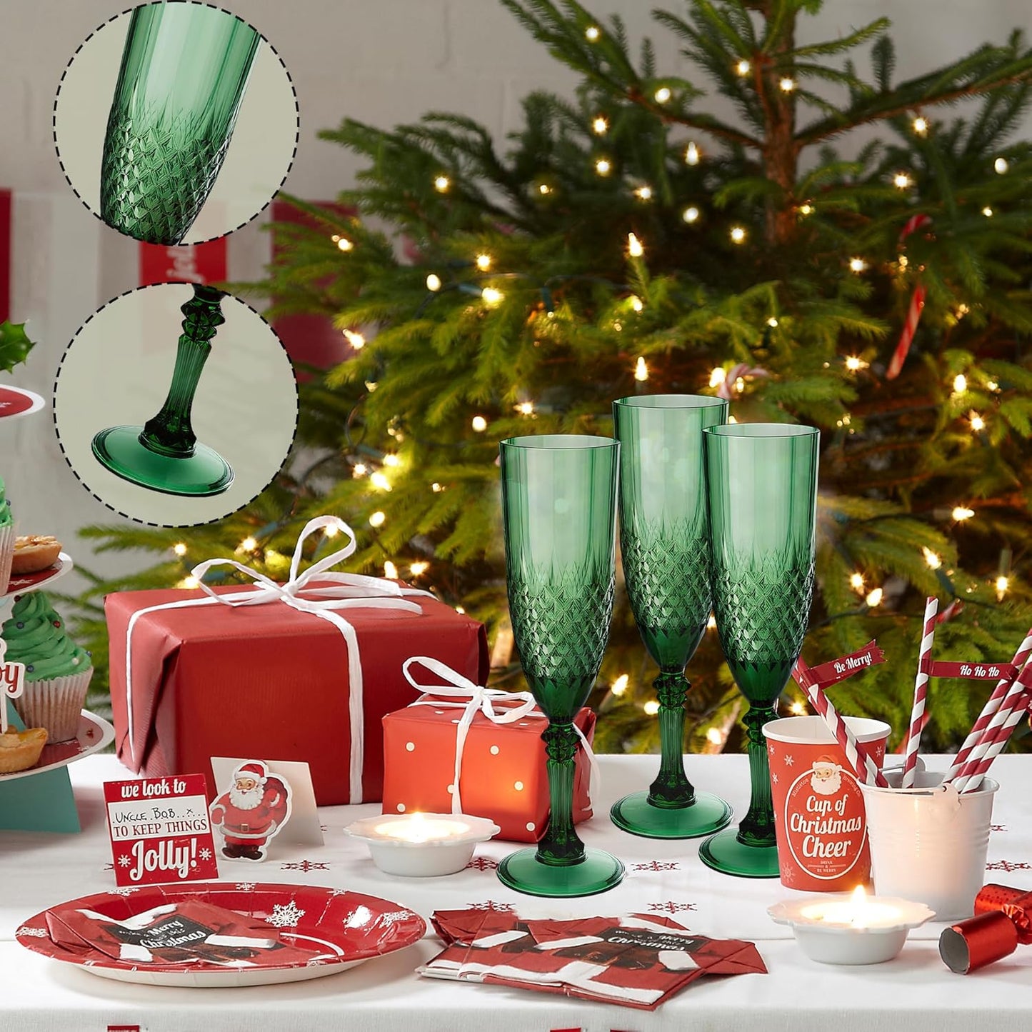 Plastic Champagne Flutes, 24PCS Dark Green Wine Glasses Goblets Cups Reusable Flute, for Christmas Weddings Bachelor Parties Toasting and Events(24, Dark Green)