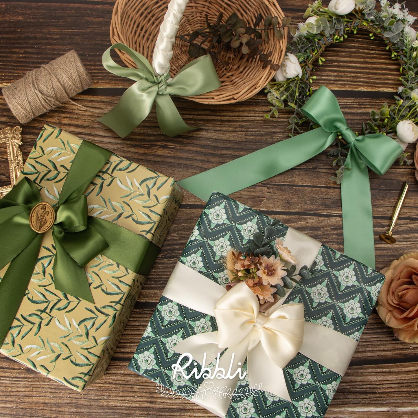 Ribbli Sage Green Satin Ribbon 1-1/2 Inch x 4 Rolls Total 40 Yards- Ivory/Sage/Dusty Sage/Moss Green Ribbon for Gift Wrapping Craft Wedding Decoration