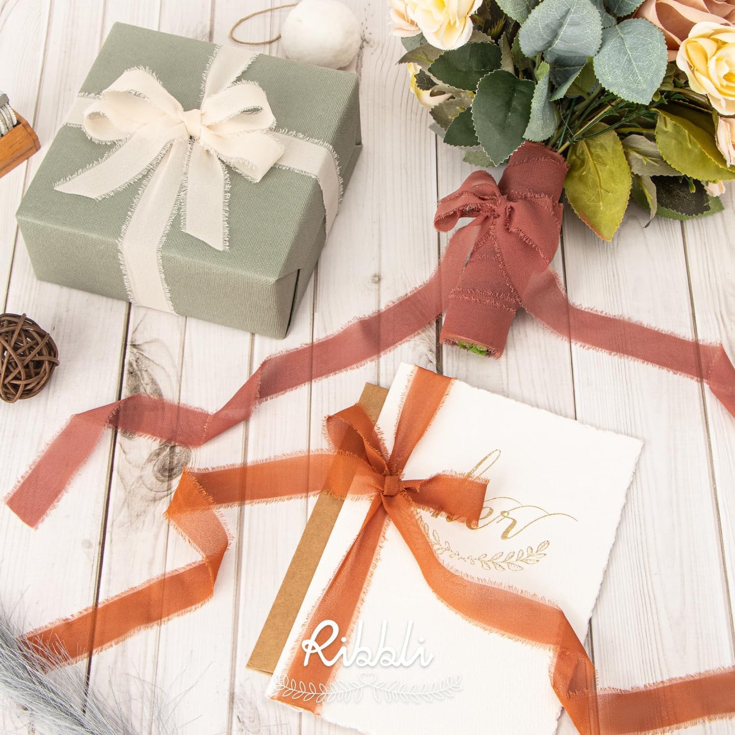 Ribbli Fall Chiffon Silk Ribbon 1Inch x 24 Yard Champagne/Terracotta/Rust Red Fringe Chiffon Fall Ribbon for Wedding Invitations, Bridal Bouquets Wrapping, Flower Arrangement Decoration