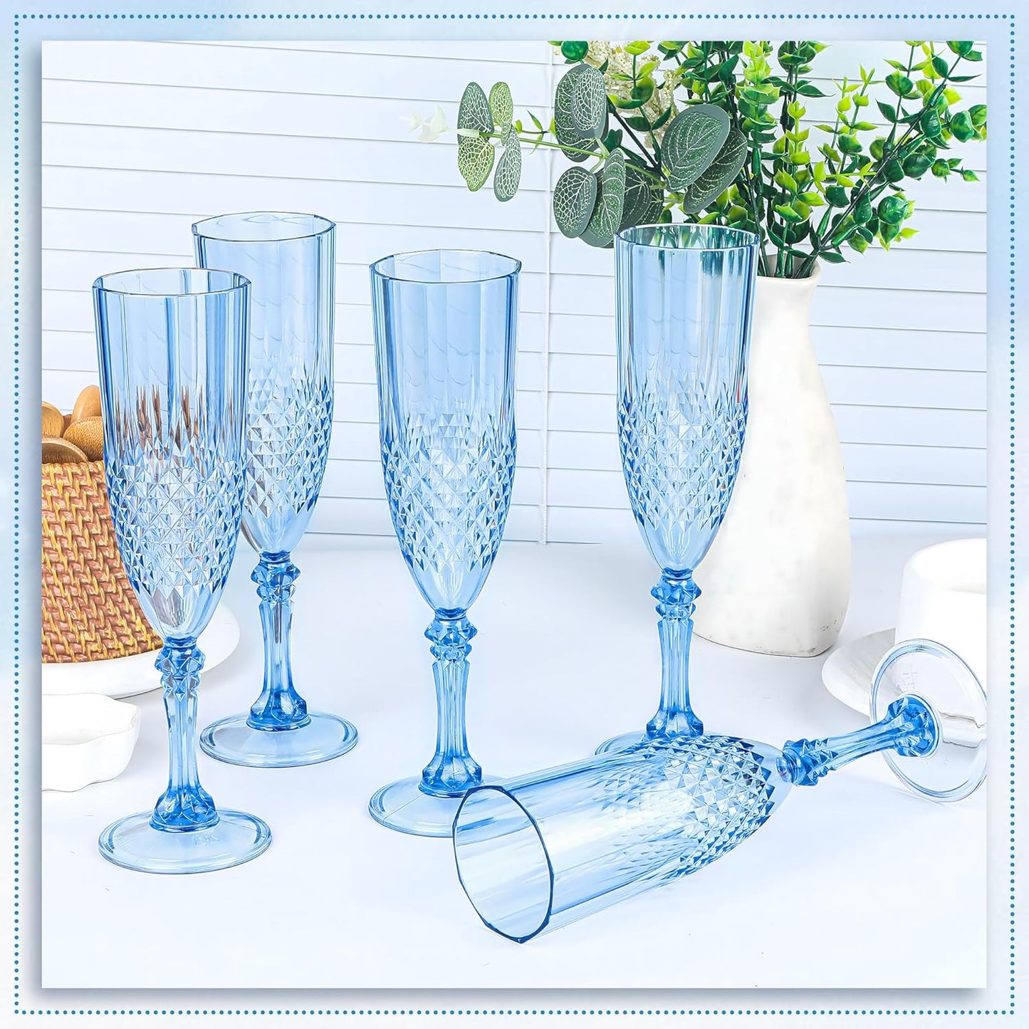 Plastic Champagne Flutes, 48PCS Blue Wine Glasses Goblets Cups Reusable Flute, for Weddings Bachelor Parties Toasting and Events (48, Blue)