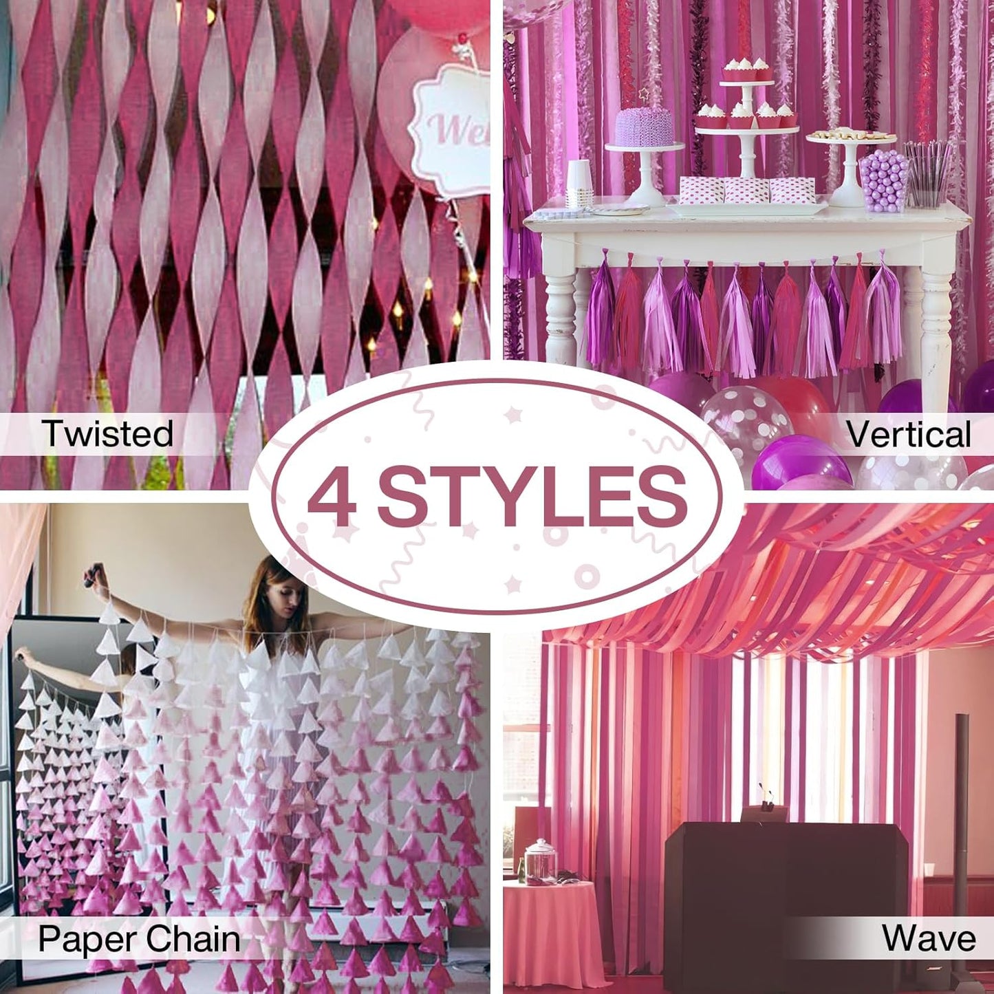 PartyWoo Pink Crepe Paper Streamers 4 Rolls 328 ft Pack of Dusty Pink Crepe Paper for Baby Shower Bridal Shower Gender Reveal Bachelorette Birthday Party Decorations (1.8 Inch x 82 Ft/Roll), Red-806