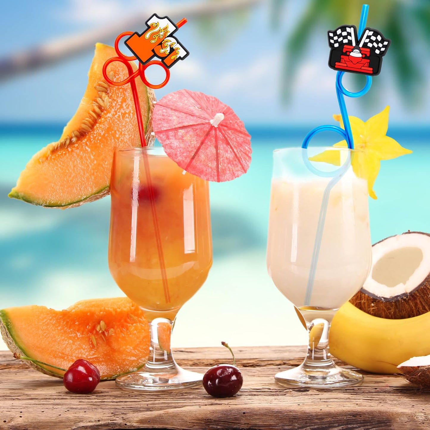 24 PCS Race Car Drinking Crazy Straws for Kids Racing Pit Crew Checkered Flag Race Car Themed Birthday Party Supplies Favors Decorations with 24 PVC Cute Charm, 2 Cleaning Brushes Reusable Straw