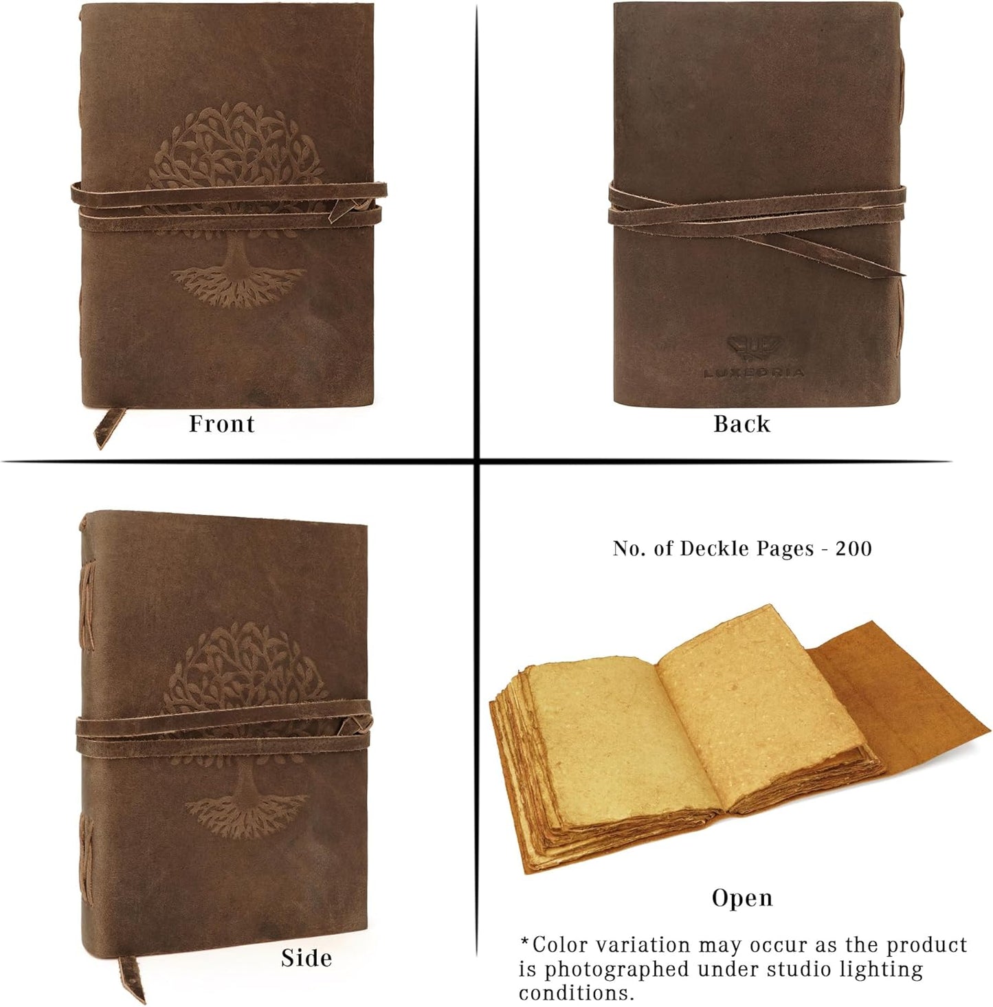 LUXEORIA Tree Of Life Leather Journal for Women and Men, Handcrafted Leather Journal for Writing Womens, Sketchbook, Travel Diary with Unlined Deckle Paper, Distressed Brown 7x10
