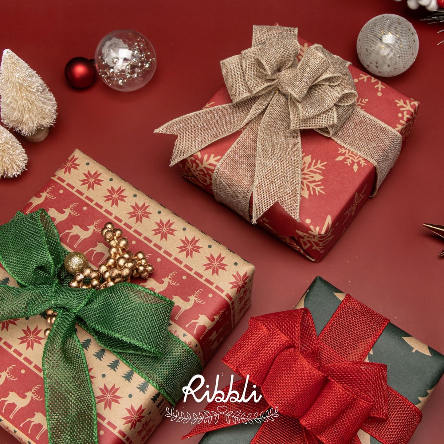 Ribbli Emerald Green Burlap Wired Ribbon,1-1/2 Inch x 10 Yard, Wired Edge Ribbon for Big Bow,Wreath,Tree Decoration,Outdoor Decoration