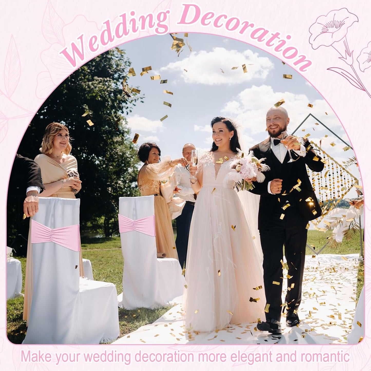 Moukeren 100 Pcs Spandex Chair Sashes Bows Chair Bands Slider Sashes for Chair Covers Elastic Chair Bands Ties Ribbon Chair Decorations for Wedding Party Events Ceremony Birthday Banquet(Light Pink)