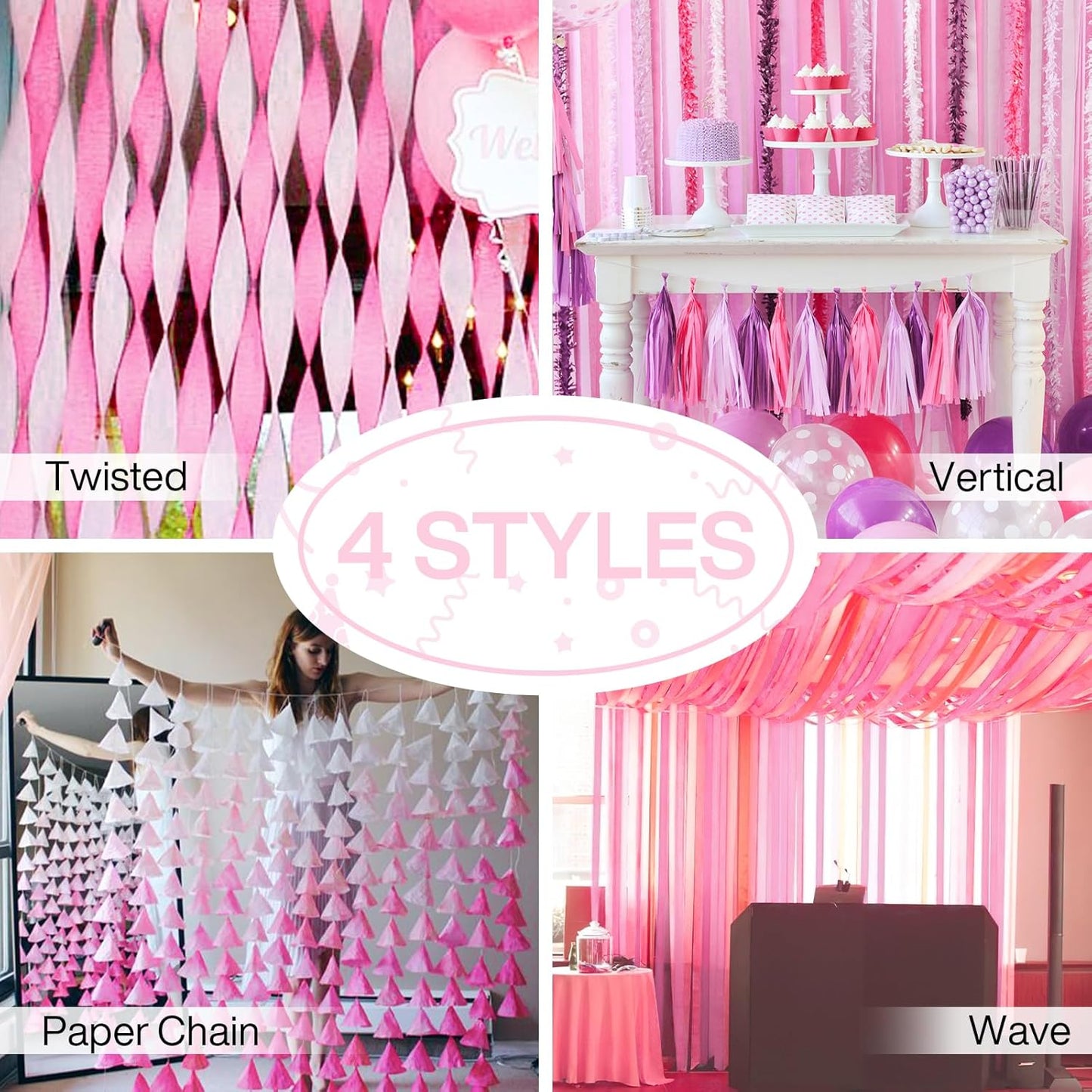 PartyWoo Crepe Paper Streamers 4 Rolls 328ft, Pack of Crepe Paper Perl Pink Streamers Decorations, Crepe Paper for Birthday Decorations, Party Decorations, Wedding Decorations (1.8 in x 82 Ft/Roll)