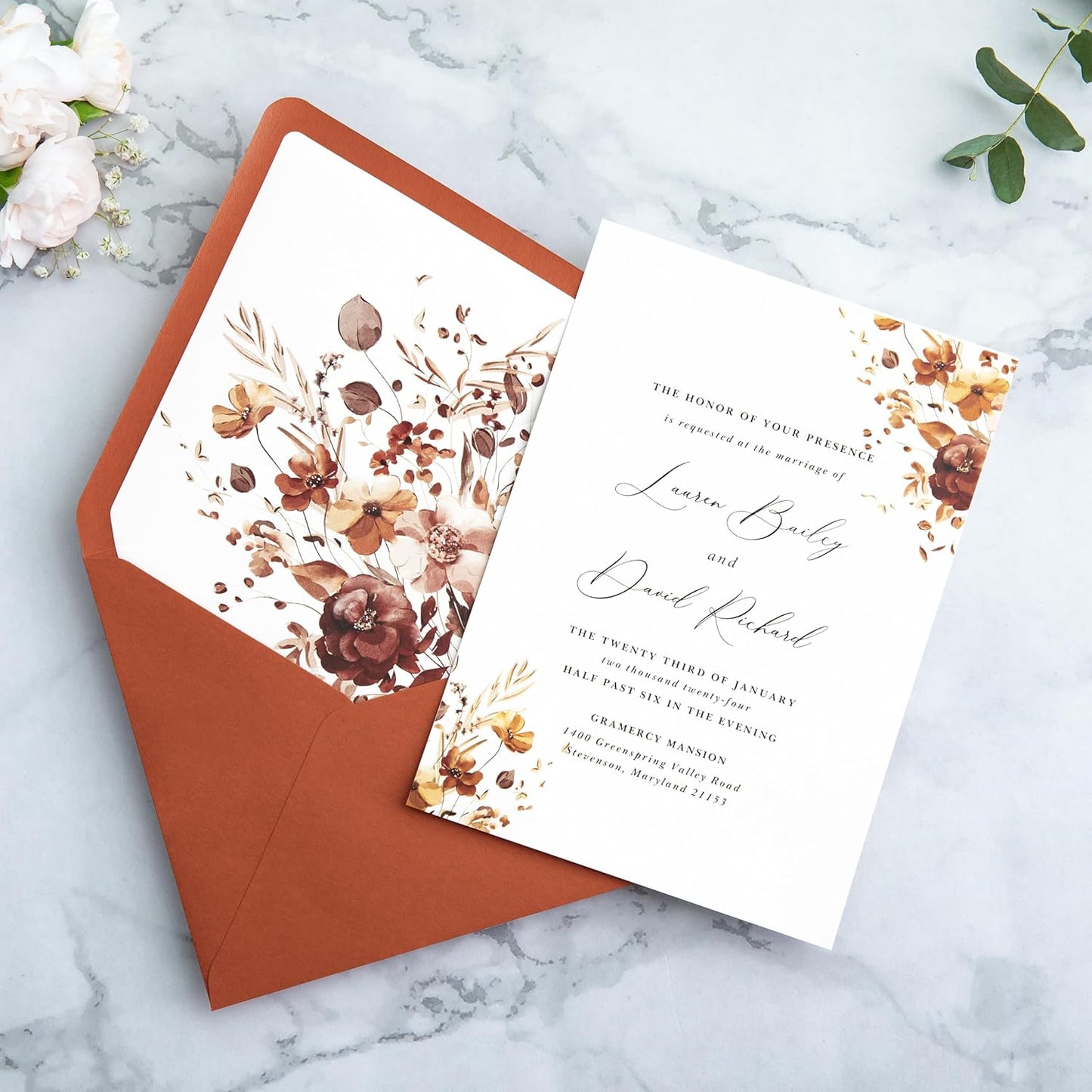 PONATIA 50PCS A7 Euro Flap Envelopes, 5.25 x 7.25'' Burnt Orange Flowers Liner Envelopes for 5x7 Wedding Invitations, Photos, Postcards, Greeting Cards, Christmas Gift Cards, Acrylic Mailing