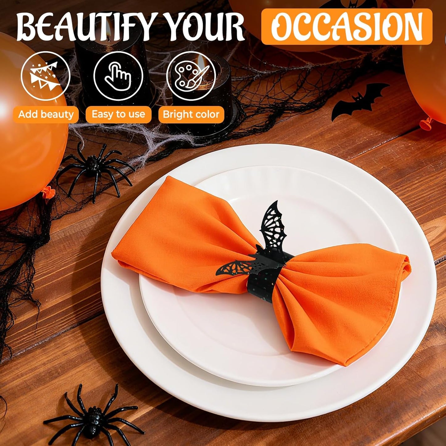 100 Pcs 3D Halloween Bat Napkin Rings, Silverware Wraps Bands,Table Setup Wedding Valentines Day Event Party Supply Table Settings, Glossy Serviette Buckles Decor (Black Bat)