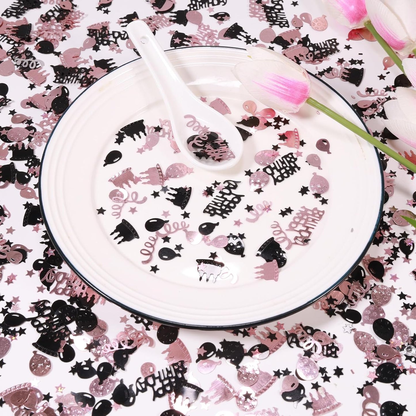 Rose Gold and Black Happy Birthday Confetti, 3000 Pcs Birthday Cake Table Metallic Foil Confetti Party Table Decor for Party, Baby Shower, DIY Arts and Crafting