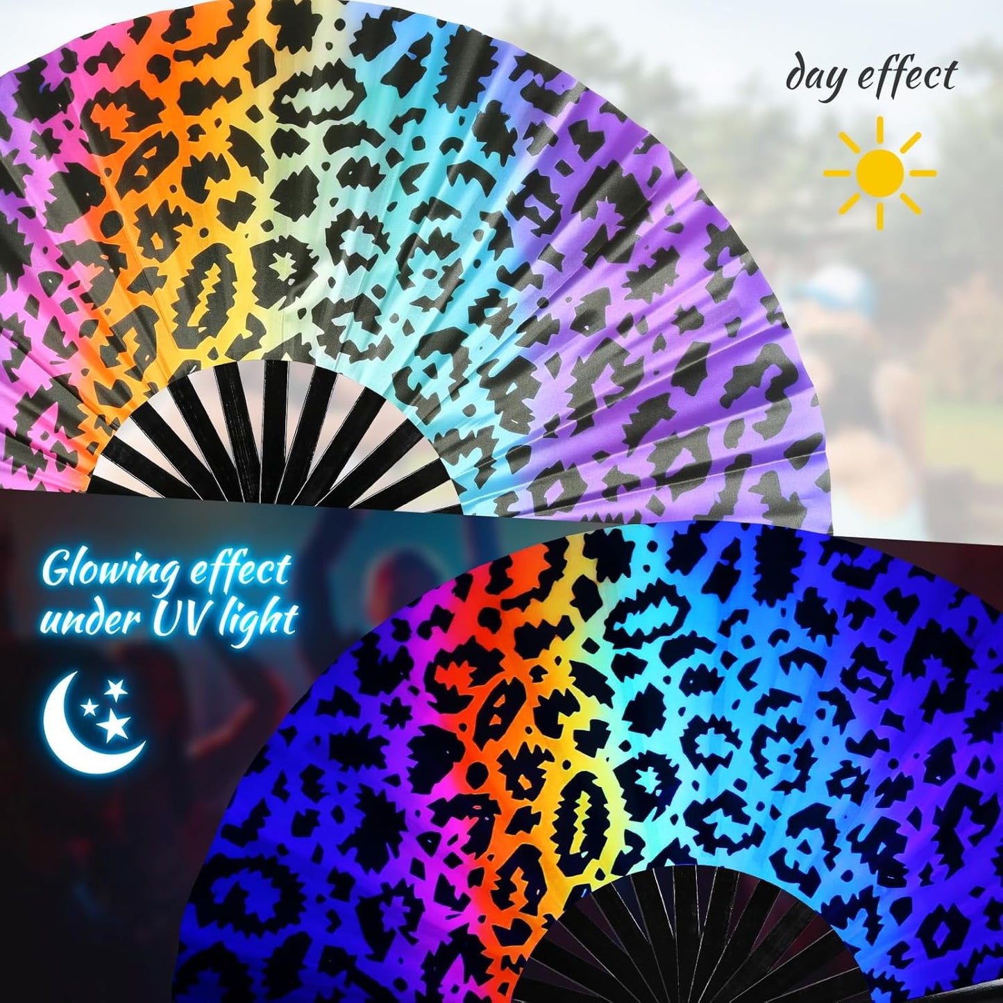 SYNTECSO Folding Hand Fan for Rave, Popping Fan for Line Dancing, Drag Queen, Women and Men Gift,Chinese Japanese UV Glow Clack Fan for Parties, Music Festivals, EDM and Decoration