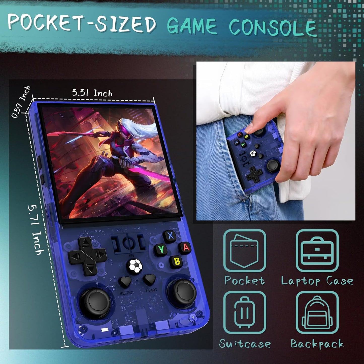 R36MAX Handheld Game Console, 40000+ Games Retro Gaming Console, 256GB TF Card Mini Retro Video Console, 4000mAh Rechargeable 4.0" IPS HD Screen Portable Pocket Arcade (Transparent Blue)