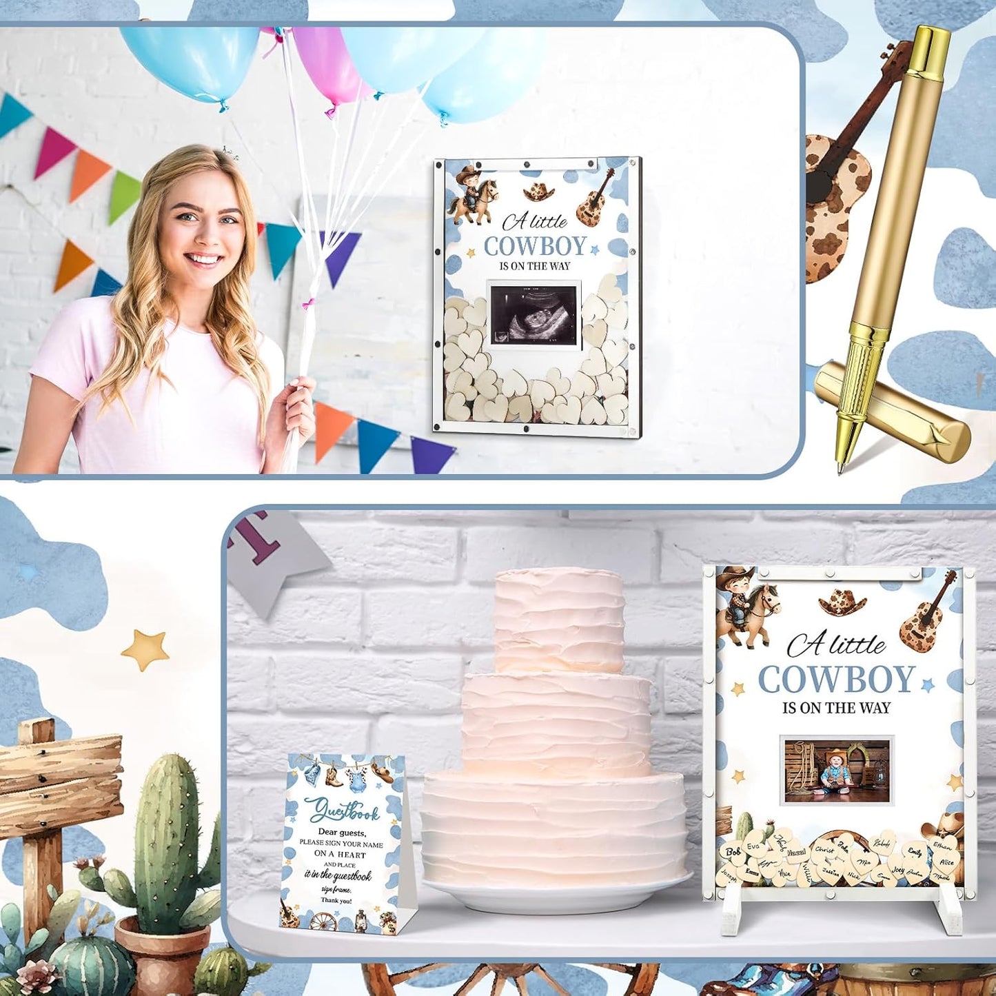 65 Pcs Cowboy Baby Shower Decorations Guest Book Alternatives a Little Cowboy is on The Way Decorations Western Baby Shower Party Supplies Sign in Guest Book with Picture Frame and 60 Wooden Chip