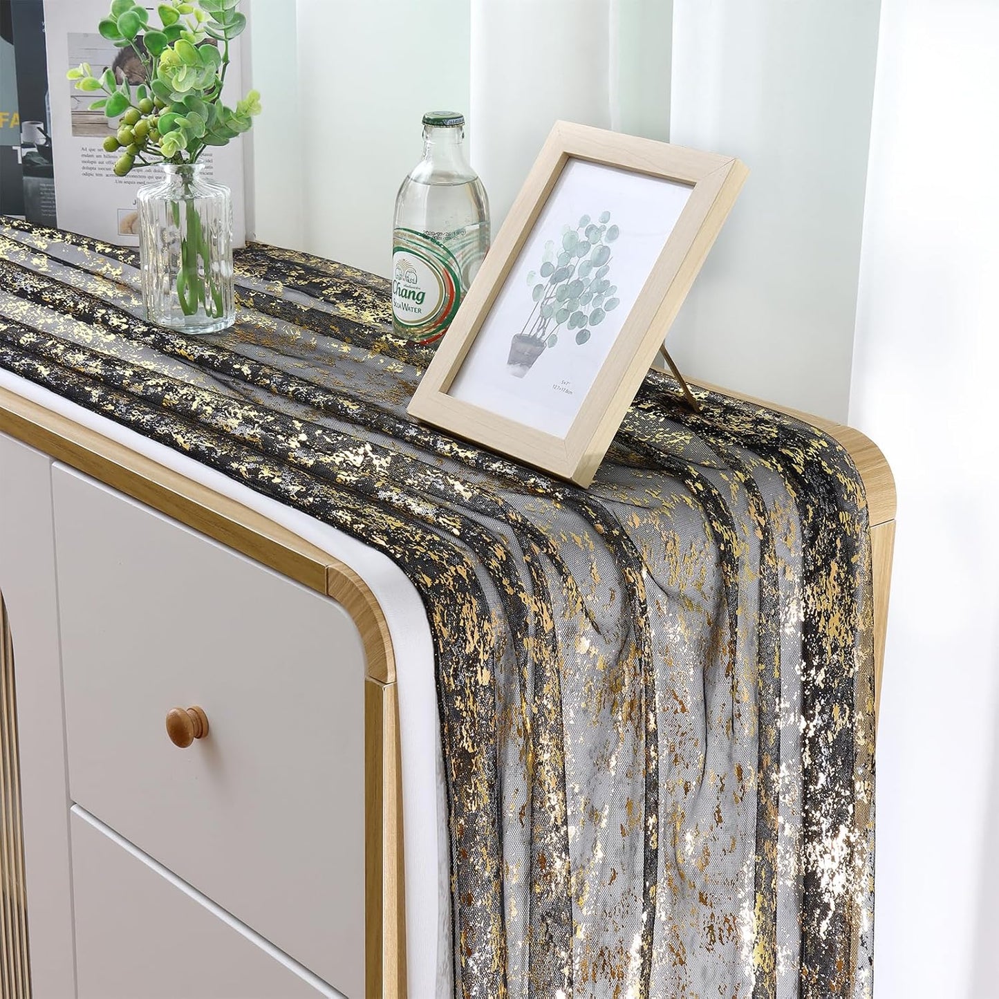 LOMOHOO 10 Ft Black Table Runner, Black Sheer Sequin Table Runners 120 Inches Long Glitter Metallic Foil Lace Fabric Table Decor for Birthday Party Wedding Anniversary Centerpiece (1pcs)