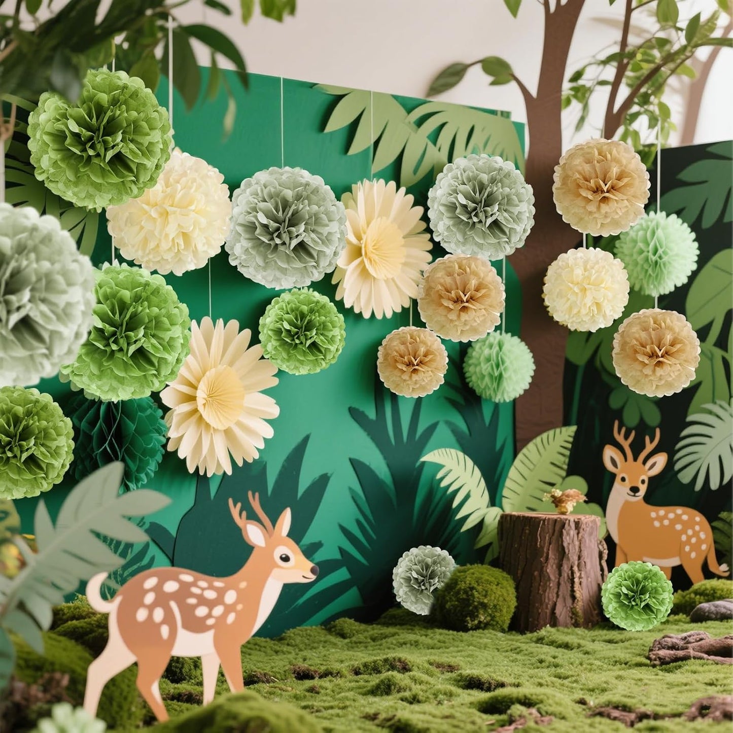 Sage Green Tissue Paper Pom Pom Flowers Decorations 15 PCS Olive Green Paper Flowers for Wall Hanging Backdrop Neutral Baby Shower Wedding Party Supplies Birthday Bridal Decor Table Centerpieces