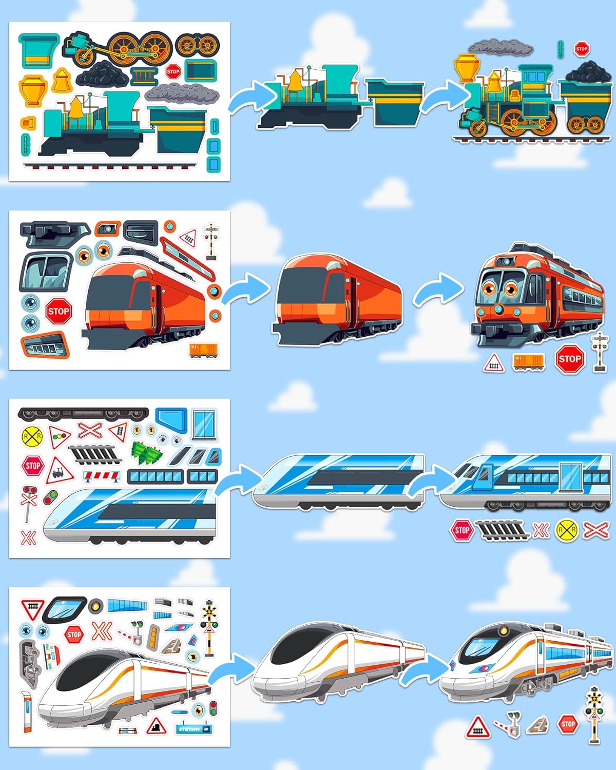 Aowplc Train Stickers for Kids – 32 Sheets Make-a-Train Mix & Match Kit – Fun Party Favors & Activities