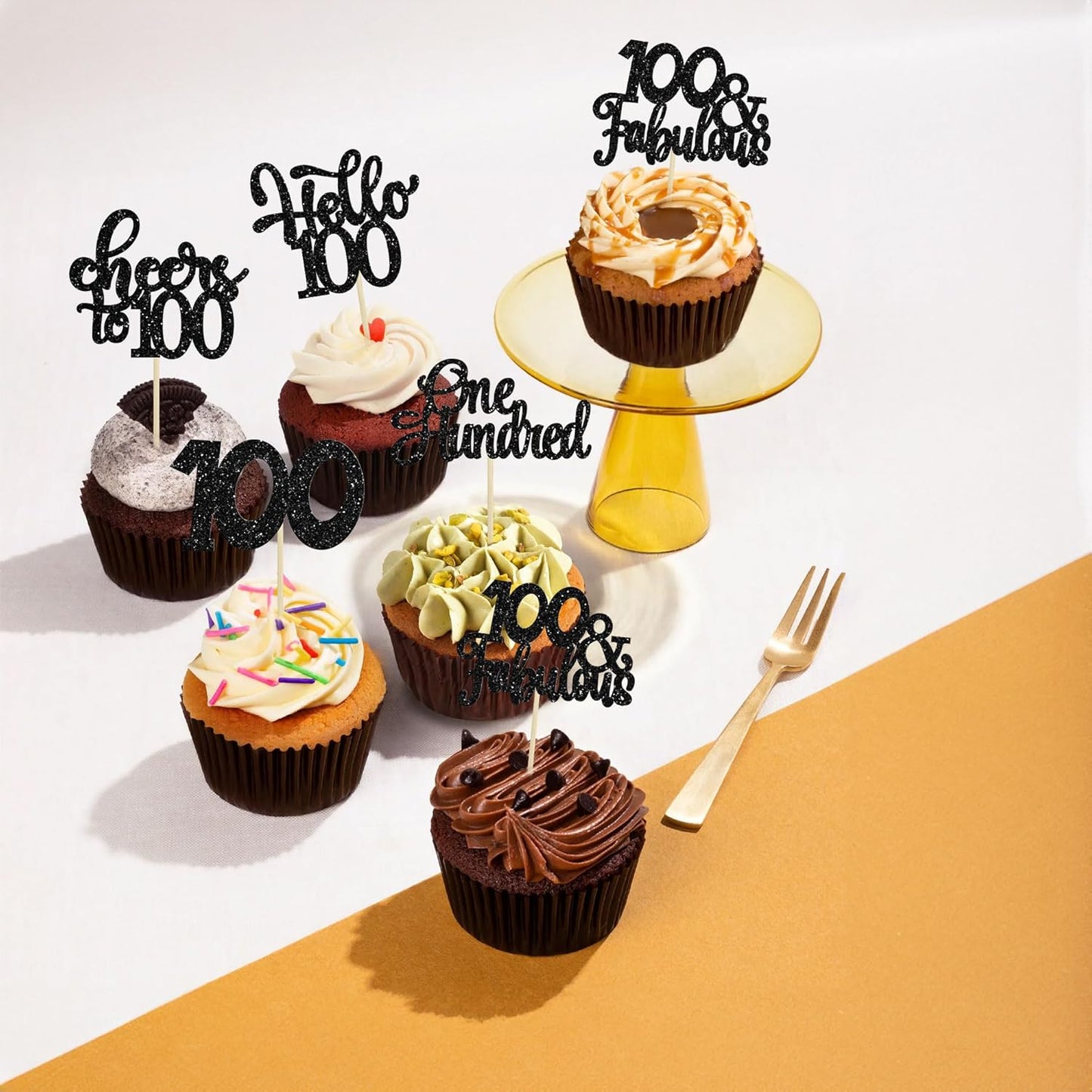 30pcs Happy 100th Birthday Cupcake Toppers - Black Glitter One Hundred Cheers to 100 Years Old Cupcake Picks for Anniversary Party Cake Decorations