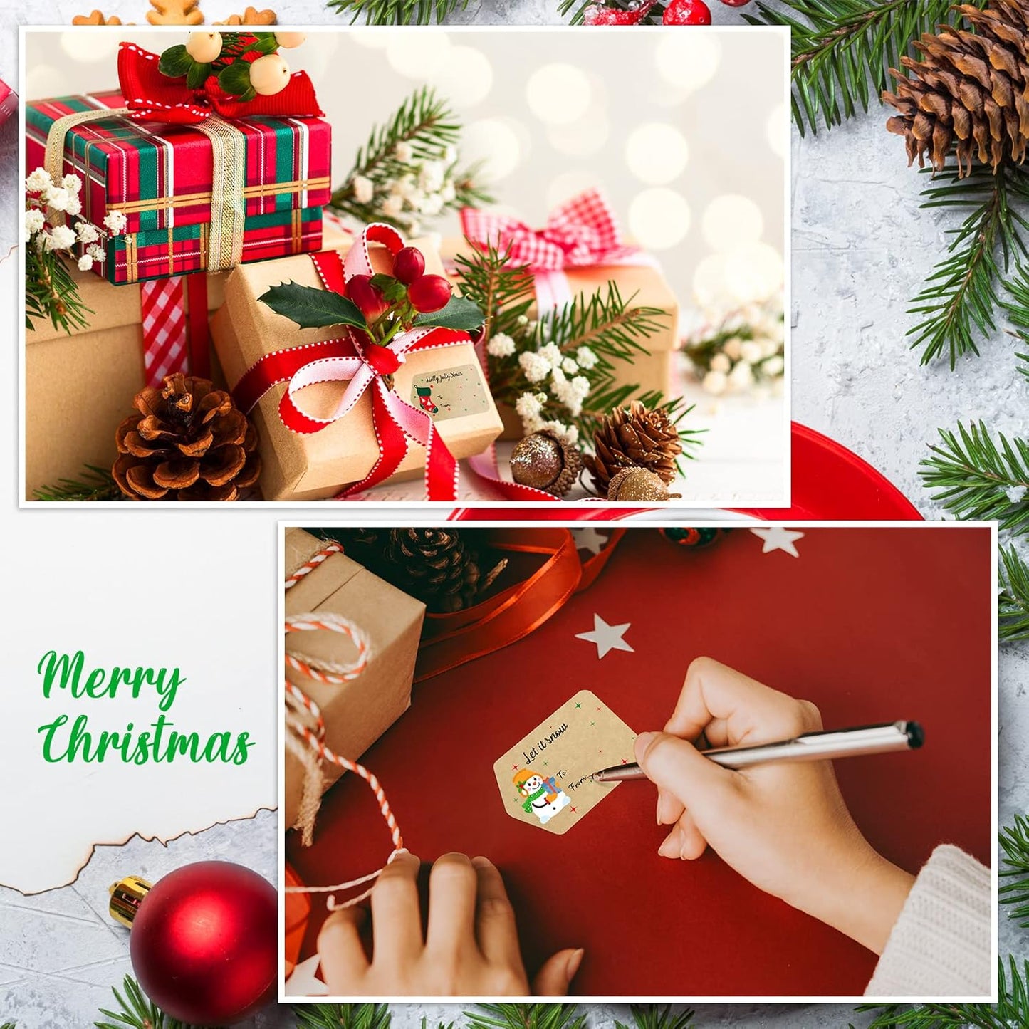 Zonon 720 Pieces Self Adhesive Christmas Gift Tag Xmas Kraft Name Tags Natural Kraft Xmas Stickers Paper Tags Labels for Christmas Decoration(Classic Style)