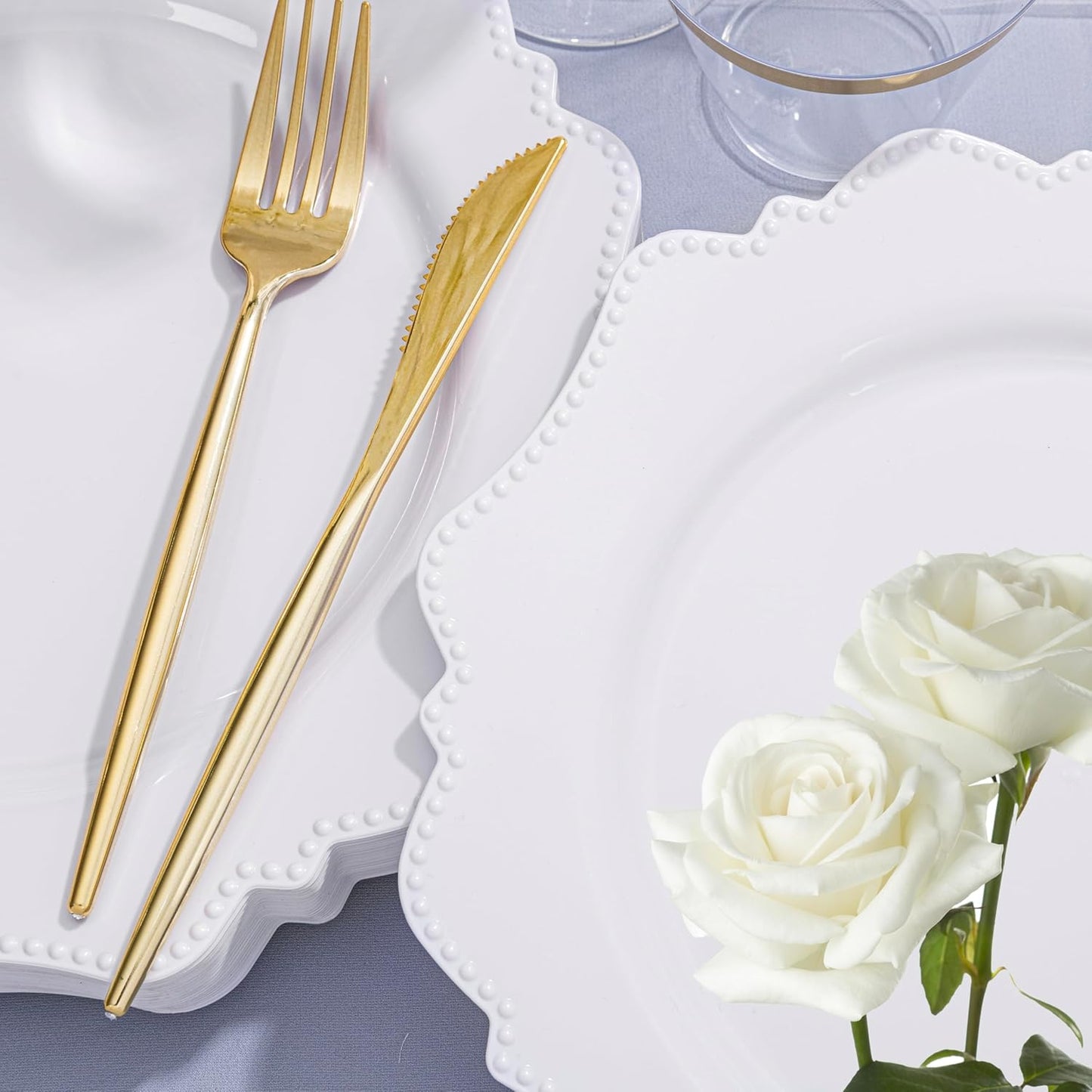 COLOSUS 350pcs White Plastic Plates Disposable Gold Cutlery Dinnerware set for party: 50 Dinner Plate, 50 Dessert Plate, 50 Per Rolled Napkins with Gold Silverware, 50 Cups 9 OZ for Wedding & Party