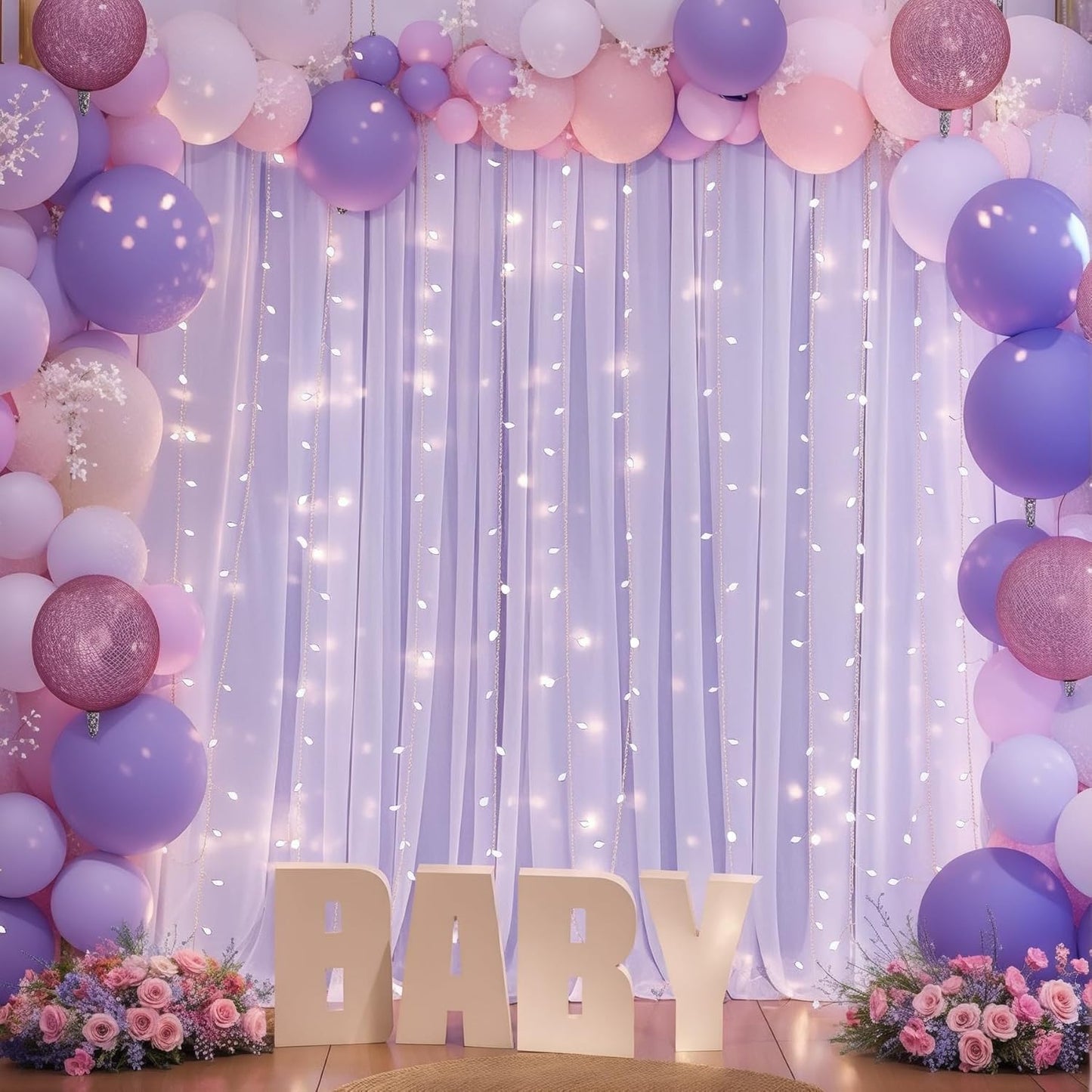 10ft x 7ft Lavender Chiffon Backdrop Curtain with Lights String for Parites Wedding Wrinkle Free Curtain Photo Backdrops Drapes for Baby Shower Birthday Party Home Decorations