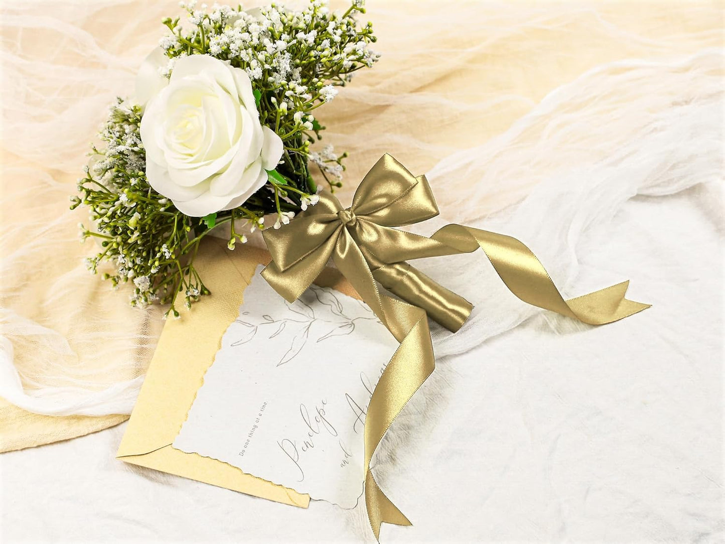 Light Gold Satin Ribbon 1 inch X Continuous 50 Yards, Single Face Polyester Ribbon Perfect for Gift Wrapping, Flower Bouquet, Wedding Decor, Crafts, Bow Making, Sewing and More