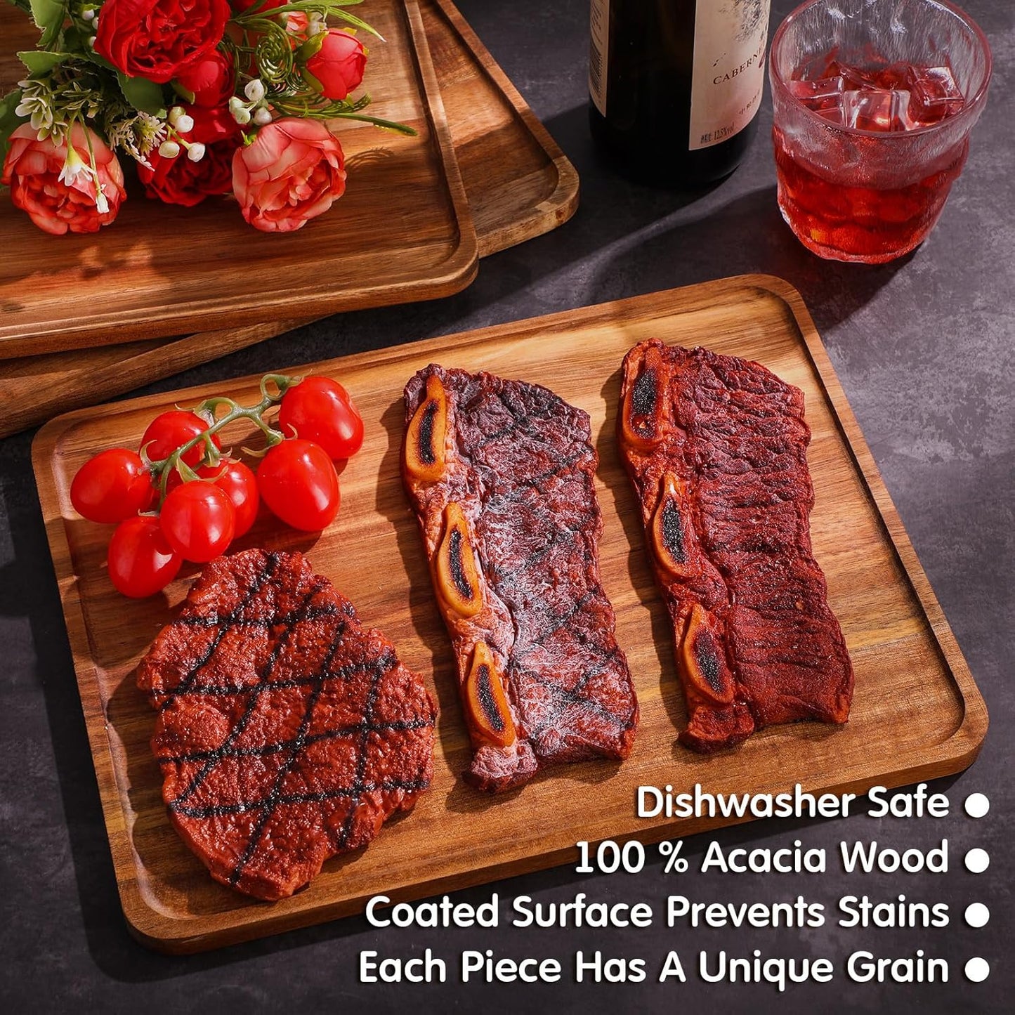 Roowest 5 Pack Solid Acacia Wood Serving Trays for Laser Engraving Rectangular Wooden Board for Food Appetizer Serving Tray Plates for Vegetables Fruit Cheese Housewarming Gifts(13 x 9 Inch)