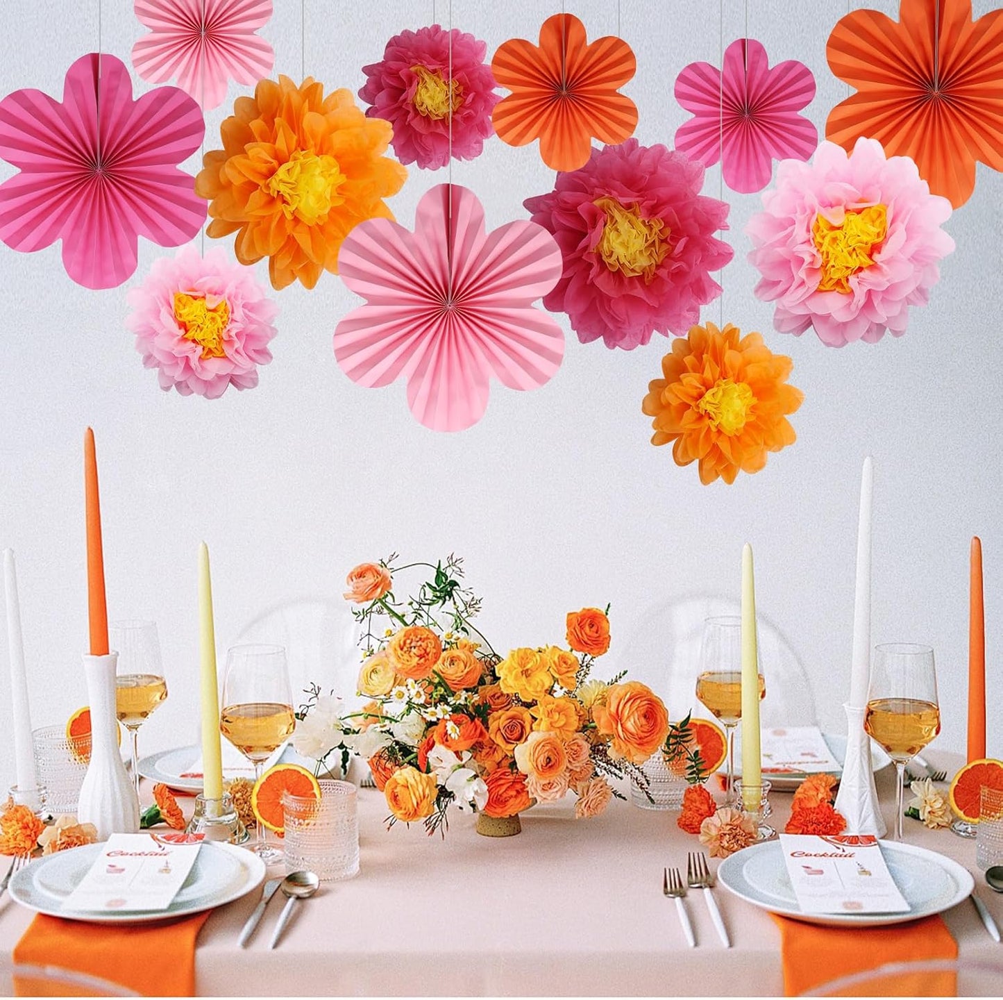 12PCS Paper Flowers Fans Orange and Hot Pink Party Decorations Tissue Paper Flowers Decorations for Girl Groovy Birthday Baby Shower Wedding Bachelorette Room Wall Hanging Décor