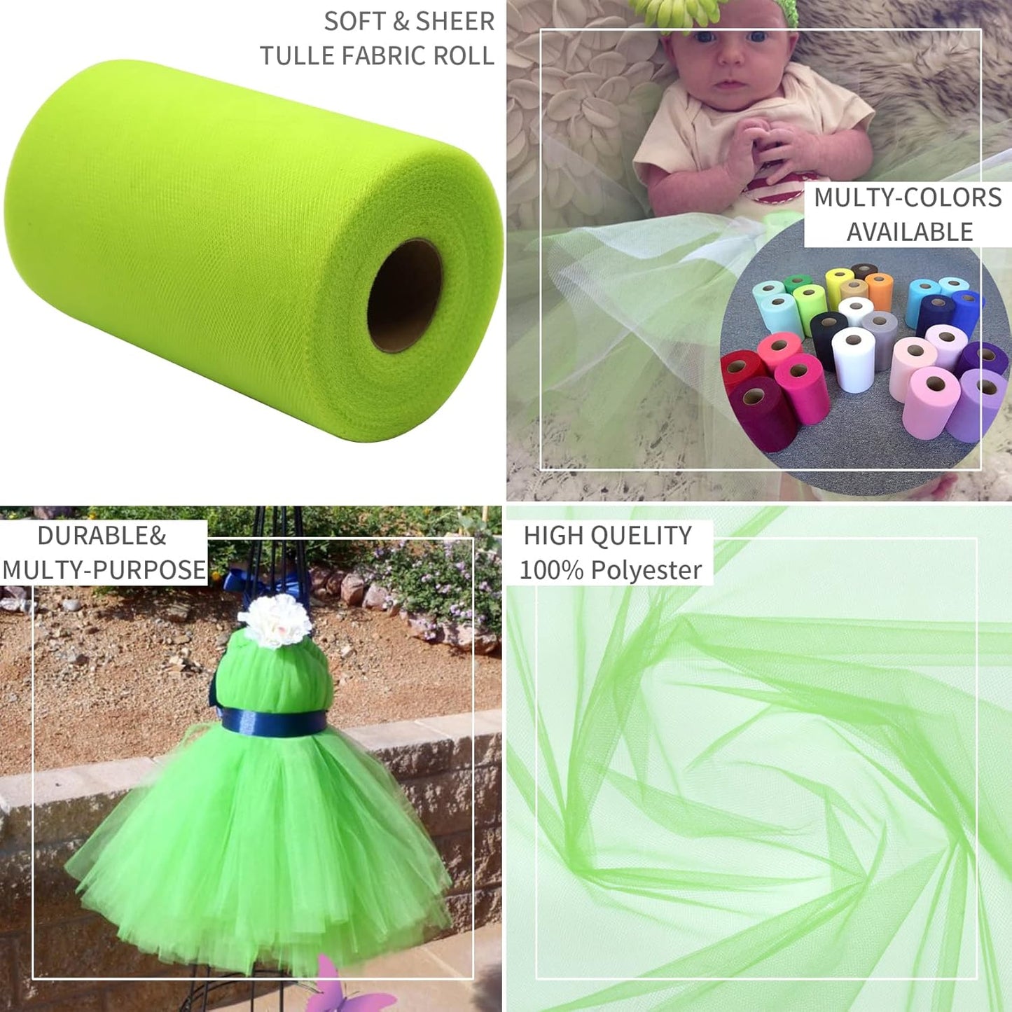 Lime Green Tulle Fabric Rolls 6 Inch by 100 Yards (300 feet) Fabric Spool Tulle Ribbon for DIY Tutu Bow Halloween Decorations Baby Shower Birthday Party Wedding Christmas Craft Supplies