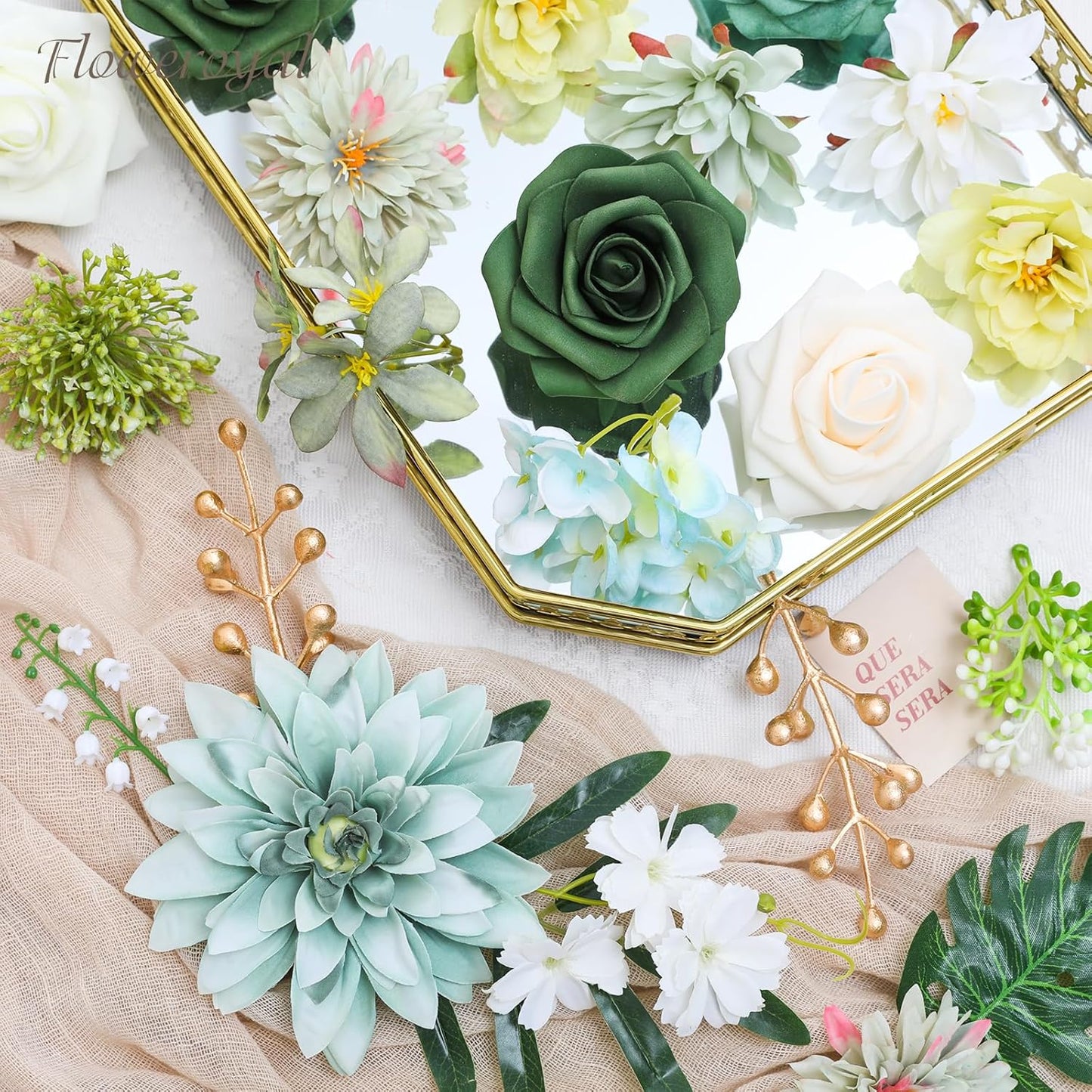 Floweroyal Artificial Flowers Combo Green Flowers Mix Silk Flowers Dahlia Roses with Stems for DIY Wedding Bridal Bouquets, Baby Shower, Floral Arrangement, Table Centerpieces, Home Decorations.