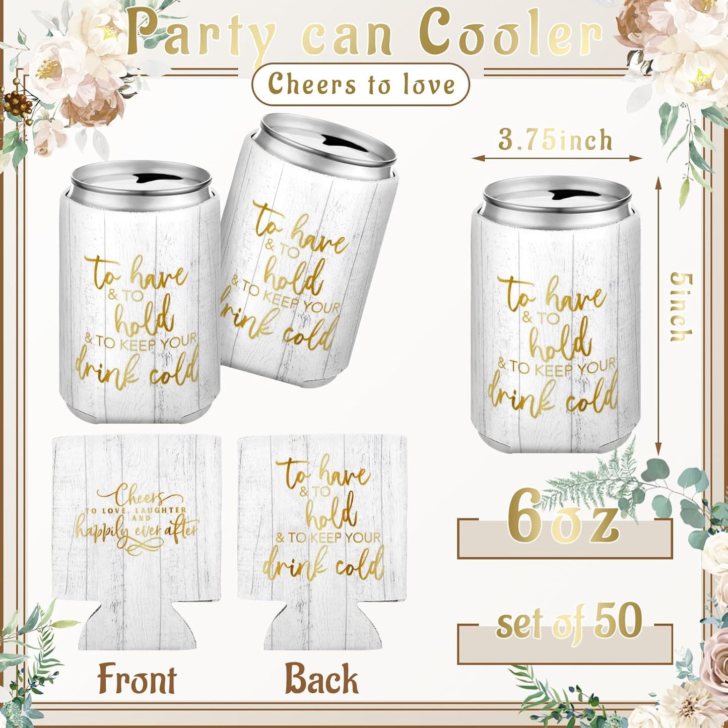 50 Pieces Wood Grain Wedding Can Cooler Sleeves Bulk Engagement Party Favors for Guests Cheers to Love Laughter and Happily Ever After Rehearsal Dinner Decorations for Wedding Bridal